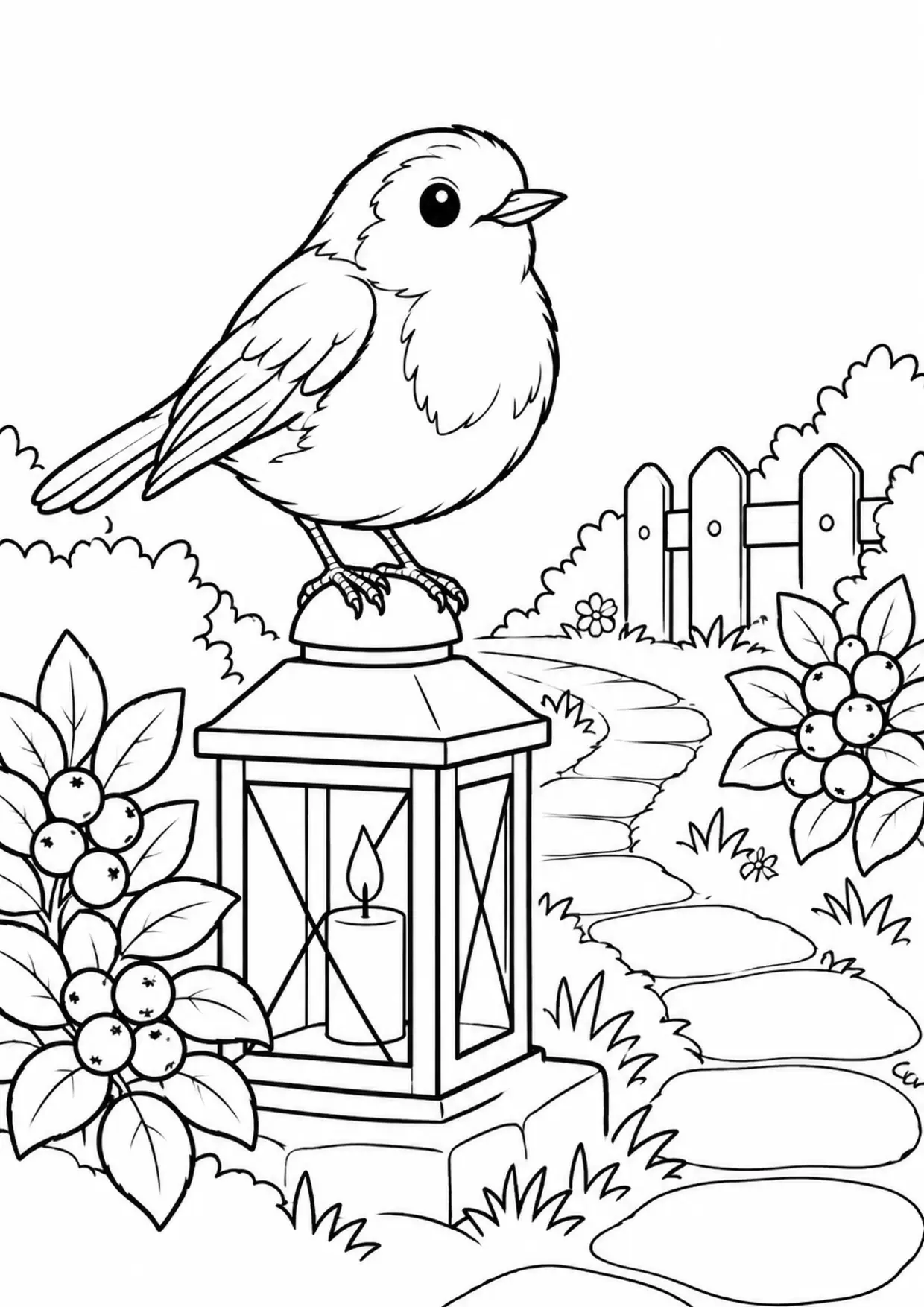 Coloriage rouge-gorge : lanterne baies