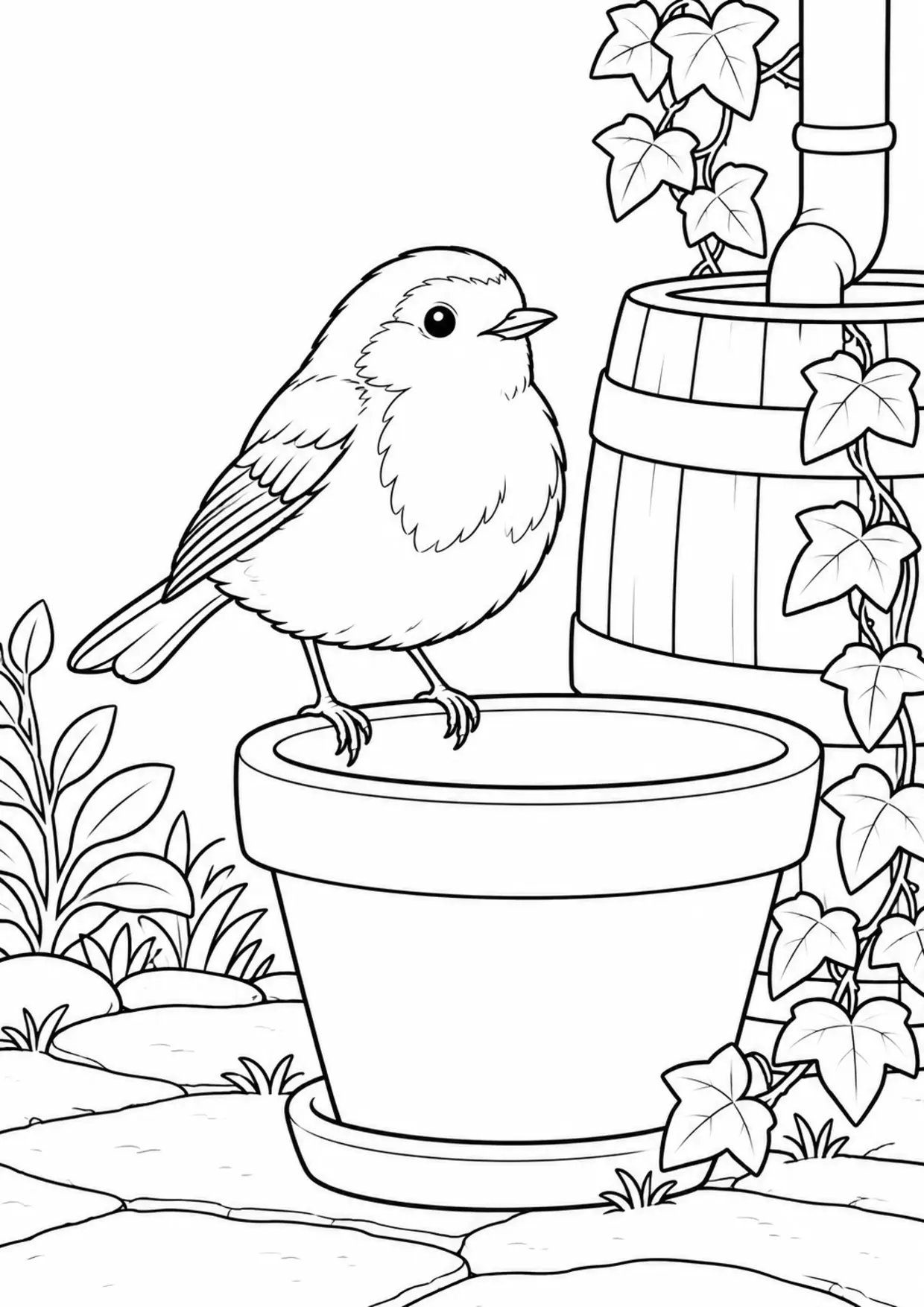 Coloriage rouge-gorge : pot lierre