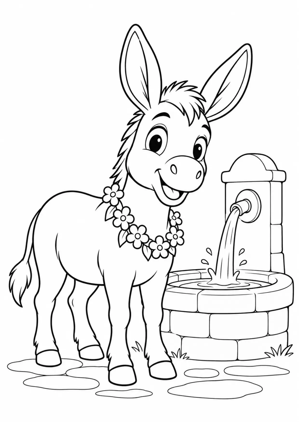 Coloriage âne : guirlande fontaine à imprimer montrant guirlande fontaine, dessin noir et blanc