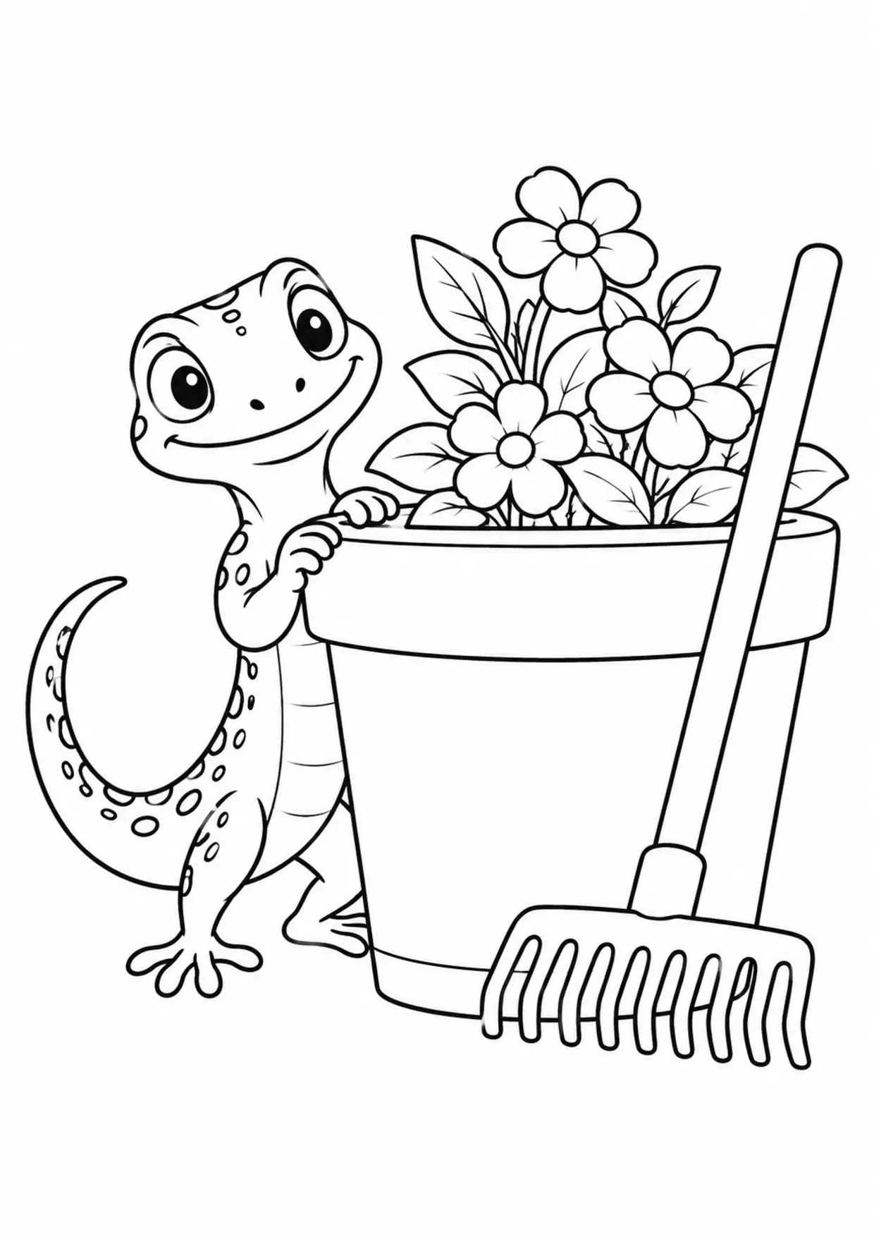 Coloriage lézard : pot rateau à imprimer montrant pot rateau, dessin noir et blanc