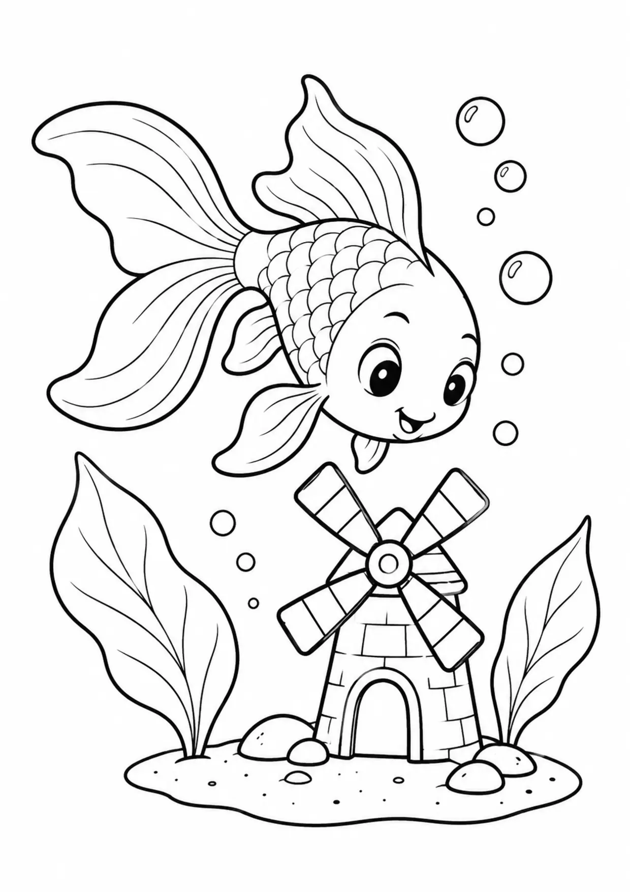 Coloriage poisson rouge : moulin à imprimer montrant moulin, dessin noir et blanc