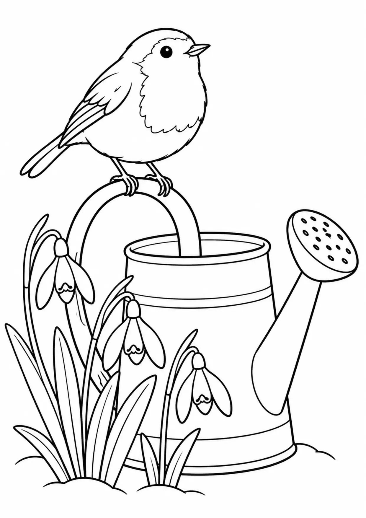 Coloriage rouge-gorge : arrosoir perce neige à imprimer montrant arrosoir perce neige, dessin noir et blanc