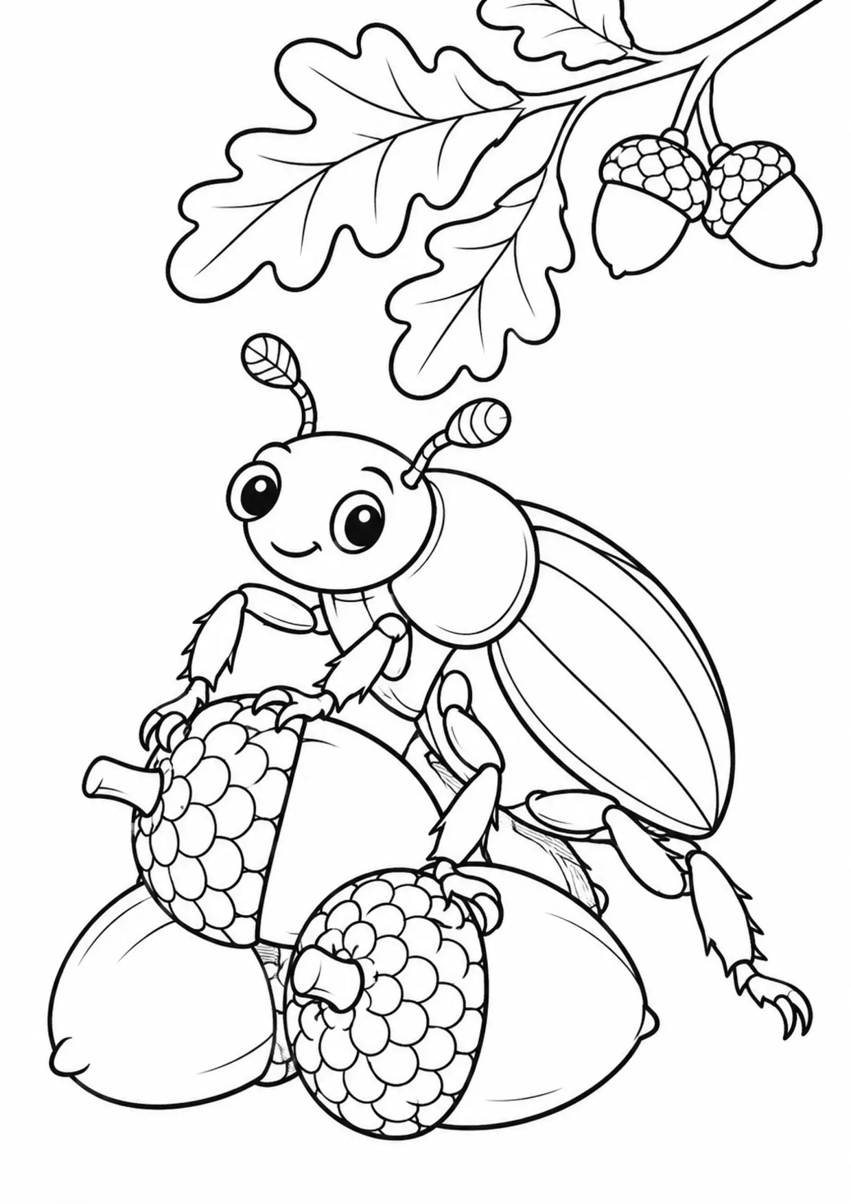 Coloriage scarabée : glands chene à imprimer montrant glands chene, dessin noir et blanc