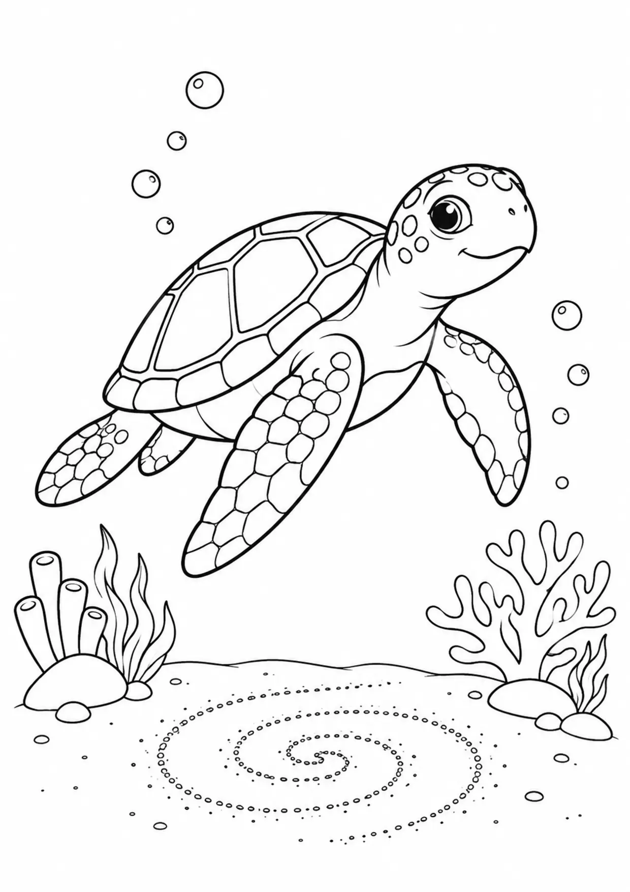 Coloriage tortue marine : spirale sable à imprimer montrant spirale sable, dessin noir et blanc