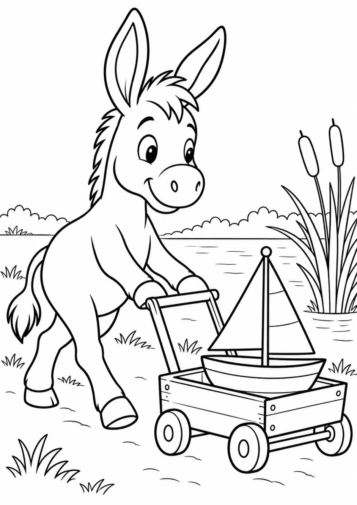 Coloriage âne : chariot voilier à imprimer montrant chariot voilier, dessin noir et blanc