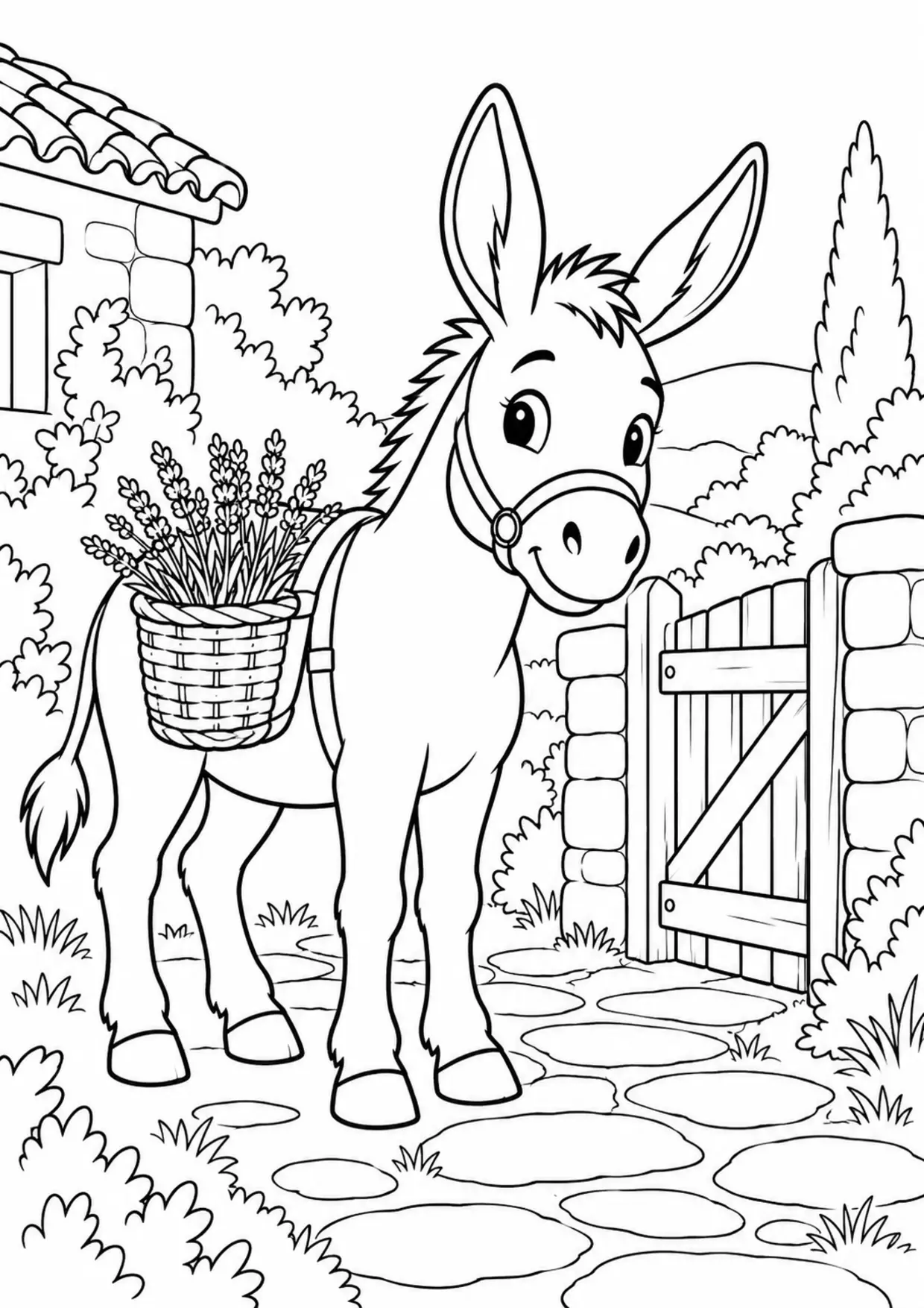 Coloriage lavande à imprimer montrant v6a13 ane panier lavande, illustration 6