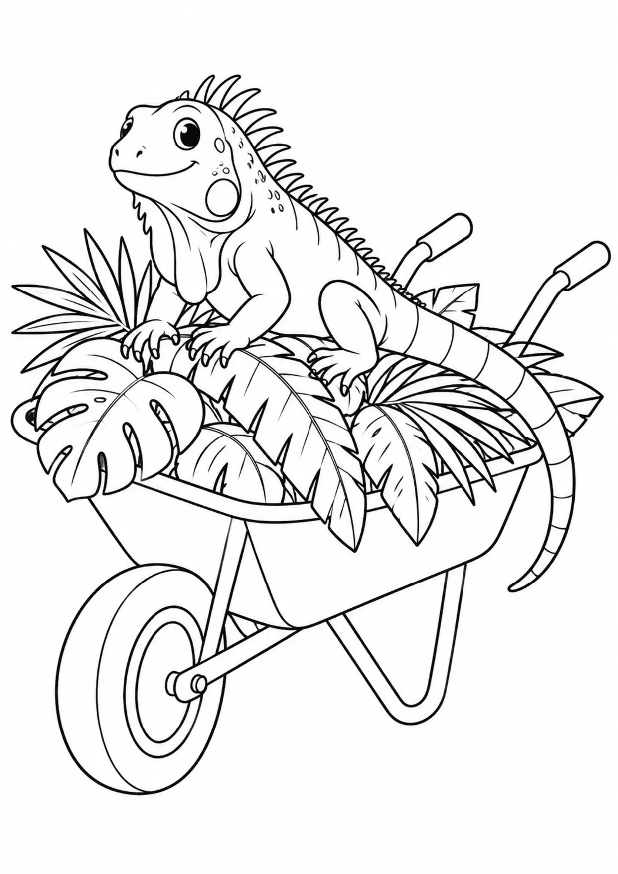 Coloriage iguane : brouette feuilles