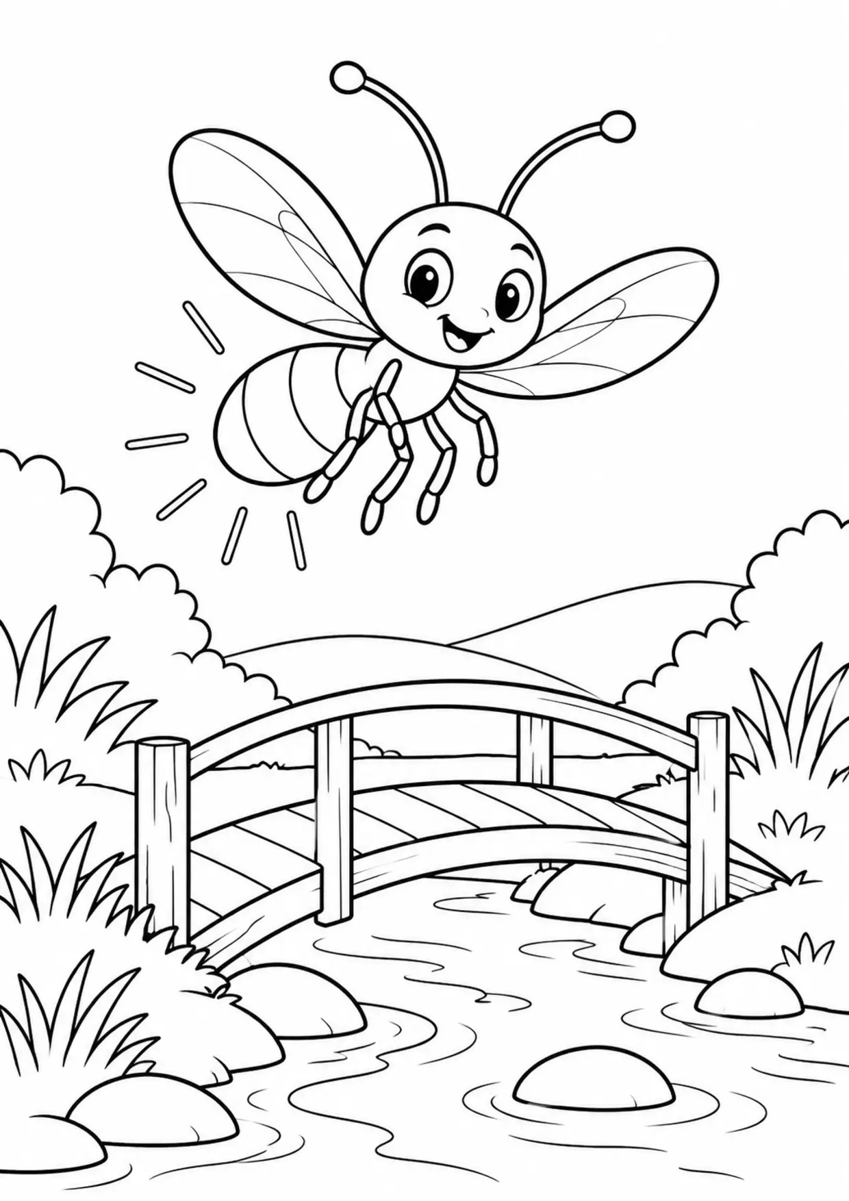 Coloriage luciole : pont ruisseau