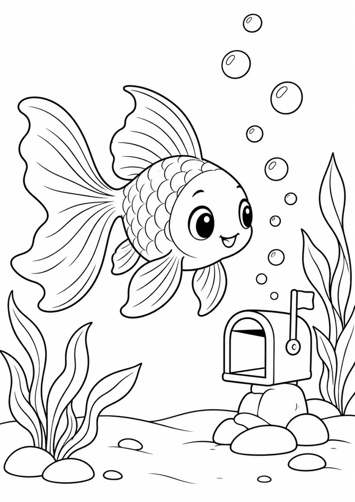 Coloriage poisson rouge : boite lettres à imprimer montrant boite lettres, dessin noir et blanc