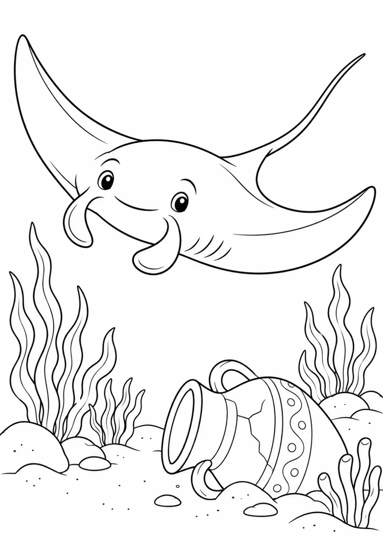 Coloriage raie manta : vase à imprimer montrant vase, dessin noir et blanc