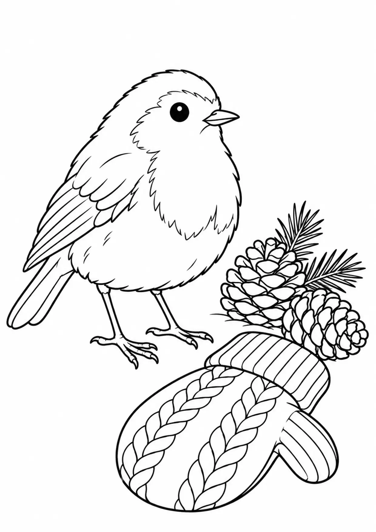 Coloriage rouge-gorge : mitaine pommes pin