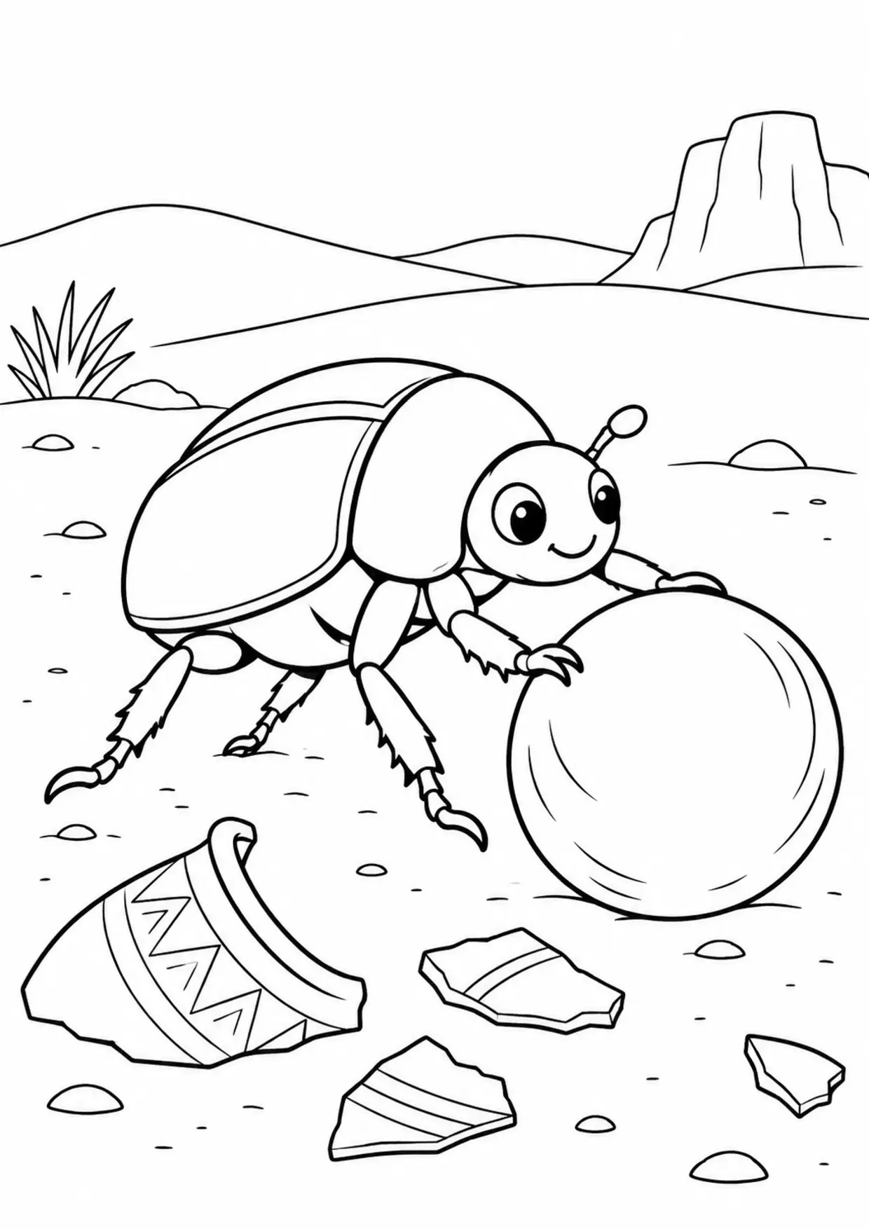 Coloriage scarabée : boule poterie à imprimer montrant boule poterie, dessin noir et blanc