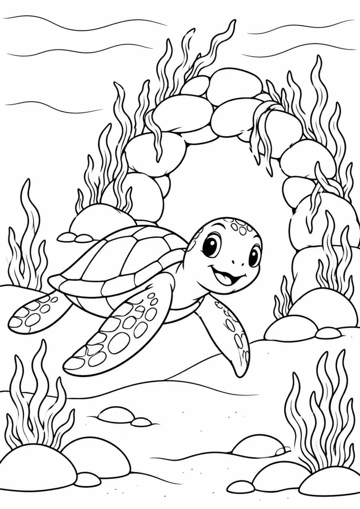 Coloriage tortue marine : arche pierres à imprimer montrant arche pierres, dessin noir et blanc