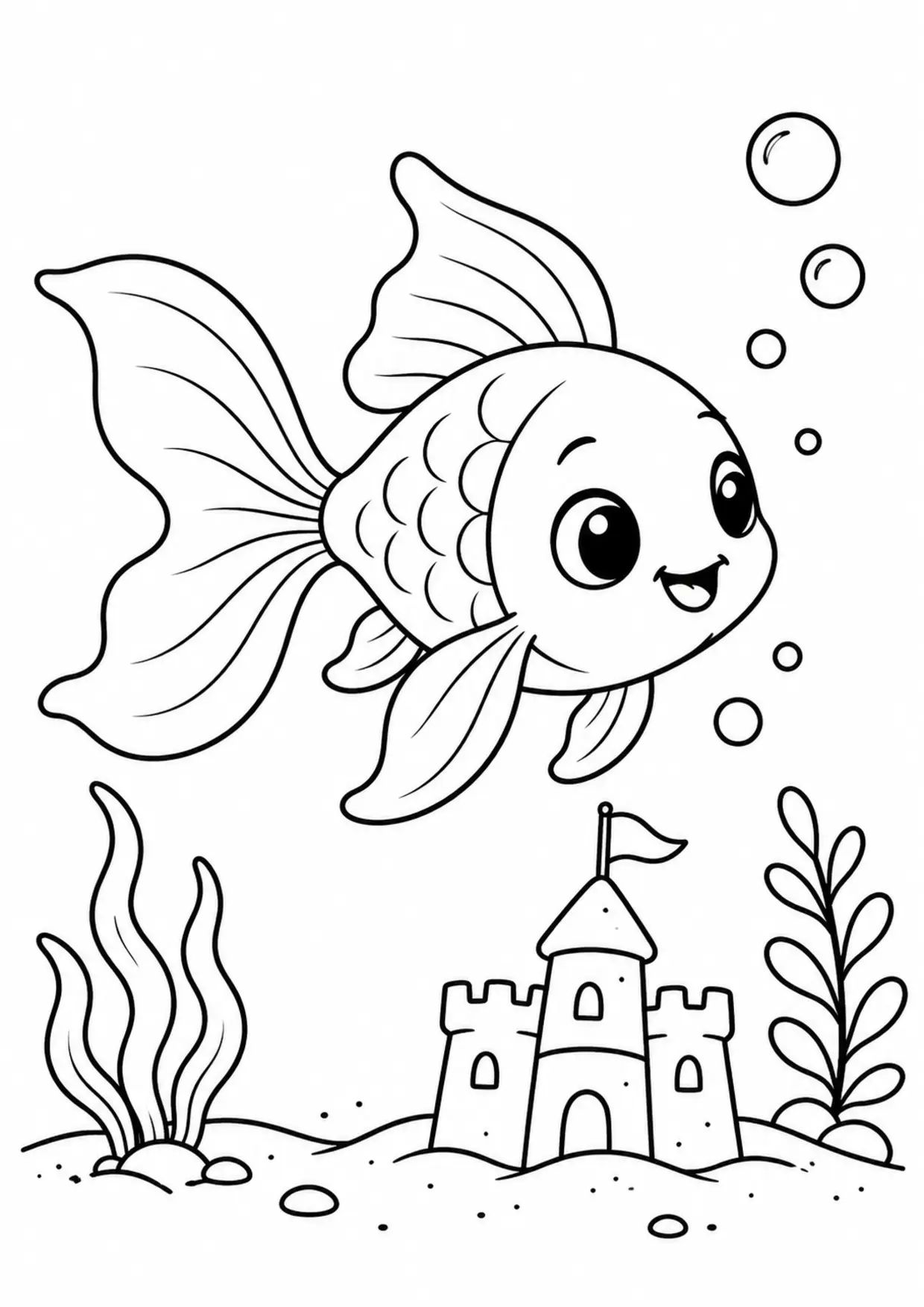 Coloriage poisson rouge : chateau à imprimer montrant chateau, dessin noir et blanc