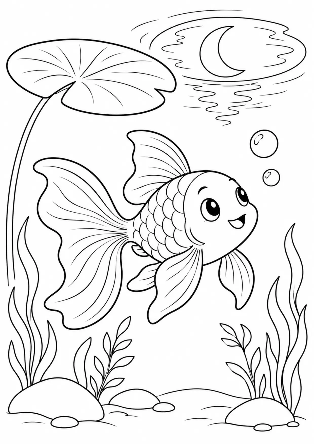 Coloriage poisson rouge : lune à imprimer montrant lune, dessin noir et blanc