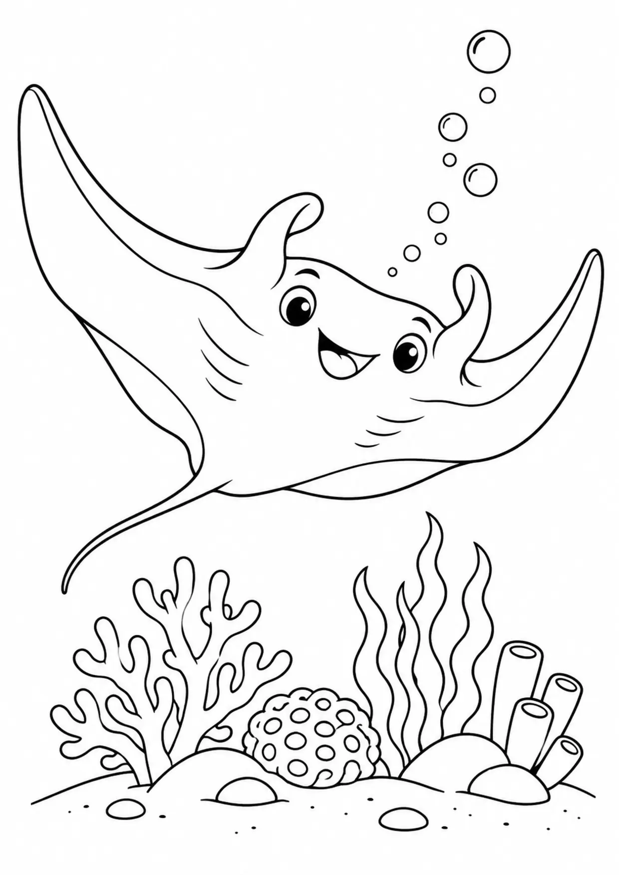 Coloriage raie manta : bulles à imprimer montrant bulles, dessin noir et blanc