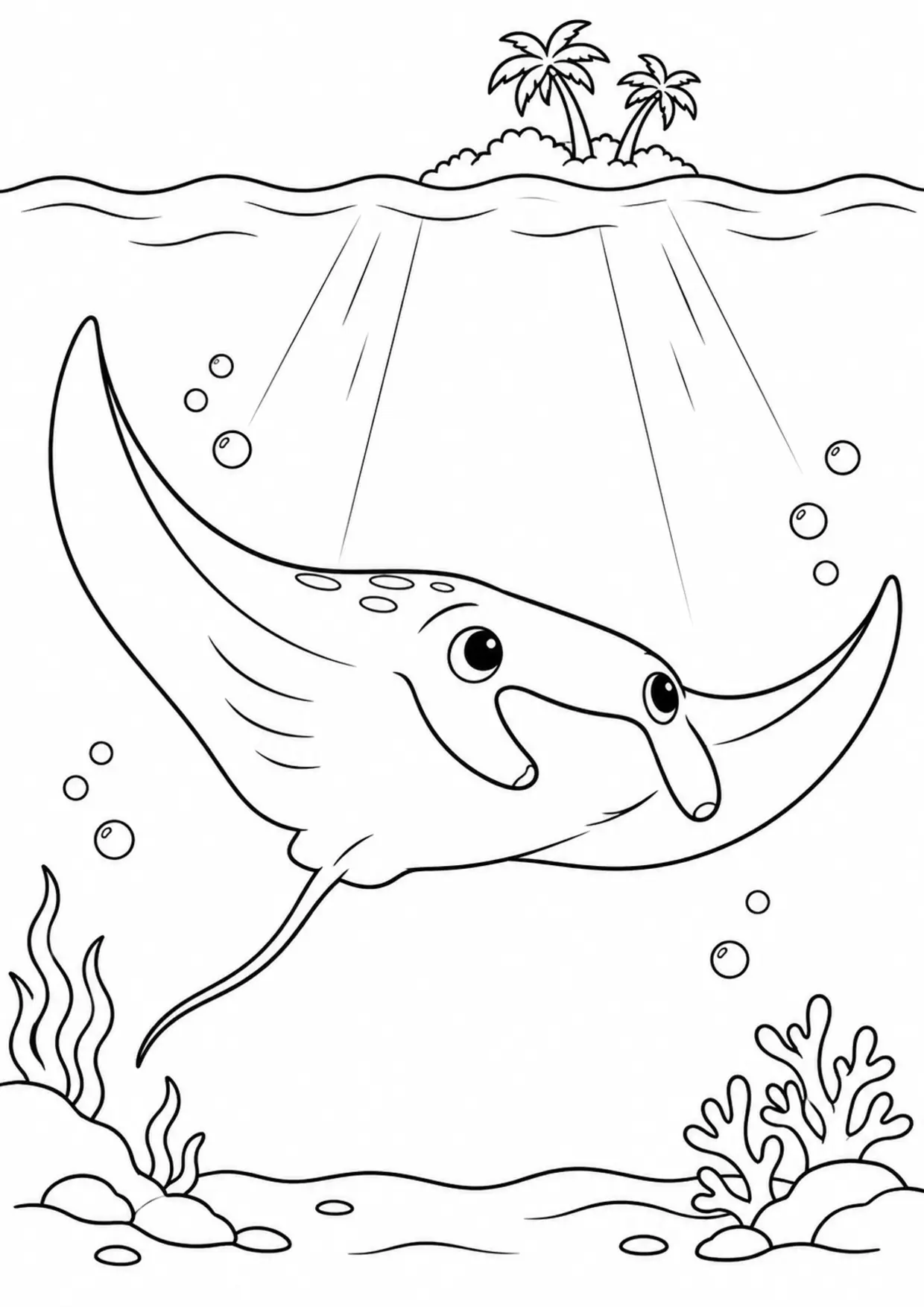 Coloriage raie manta : île à imprimer montrant île, dessin noir et blanc