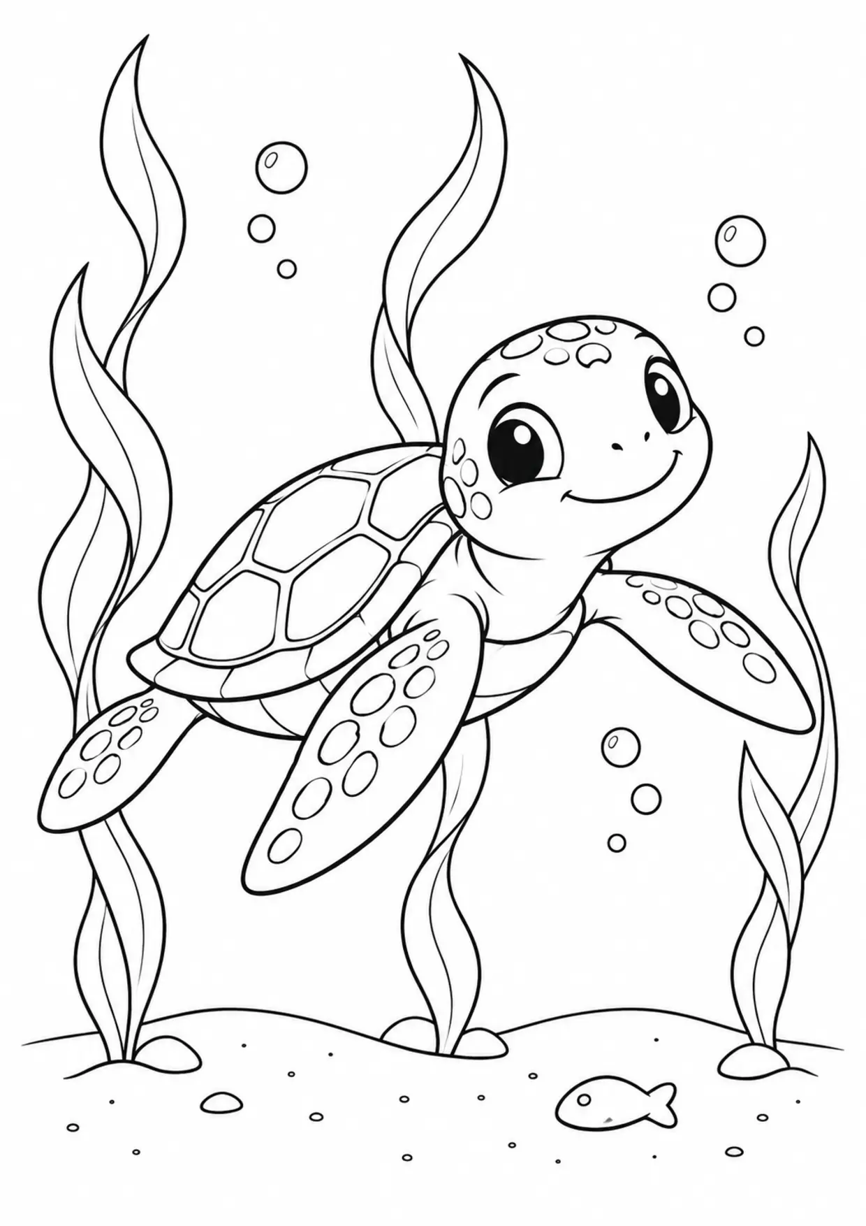 Coloriage tortue marine : algues à imprimer montrant algues, dessin noir et blanc
