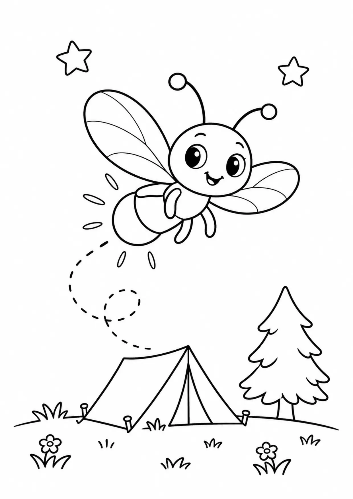 Coloriage luciole : tente à imprimer montrant tente, dessin noir et blanc