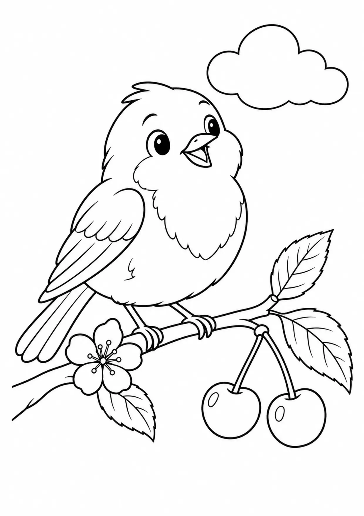 Coloriage rouge-gorge : cerises à imprimer montrant cerises, dessin noir et blanc