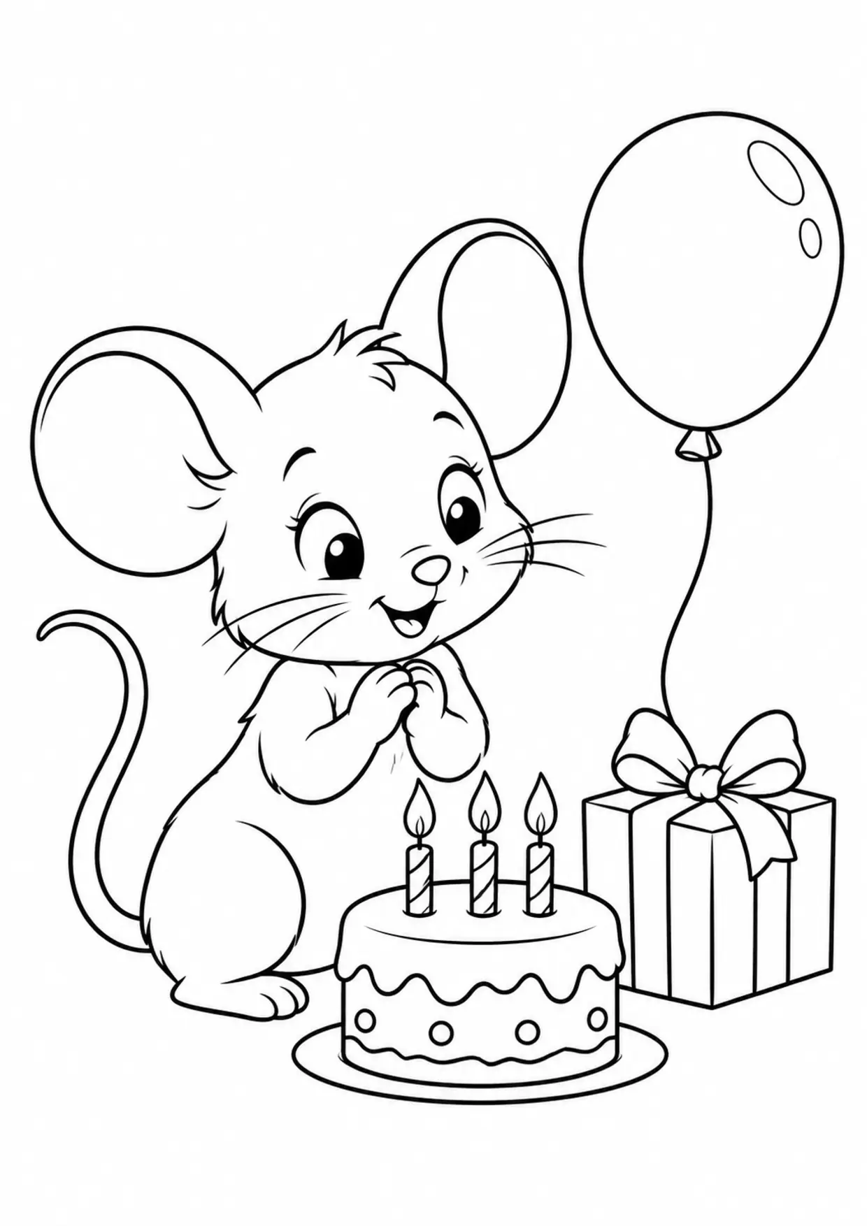 Coloriage souris : gateau à imprimer montrant gateau, dessin noir et blanc