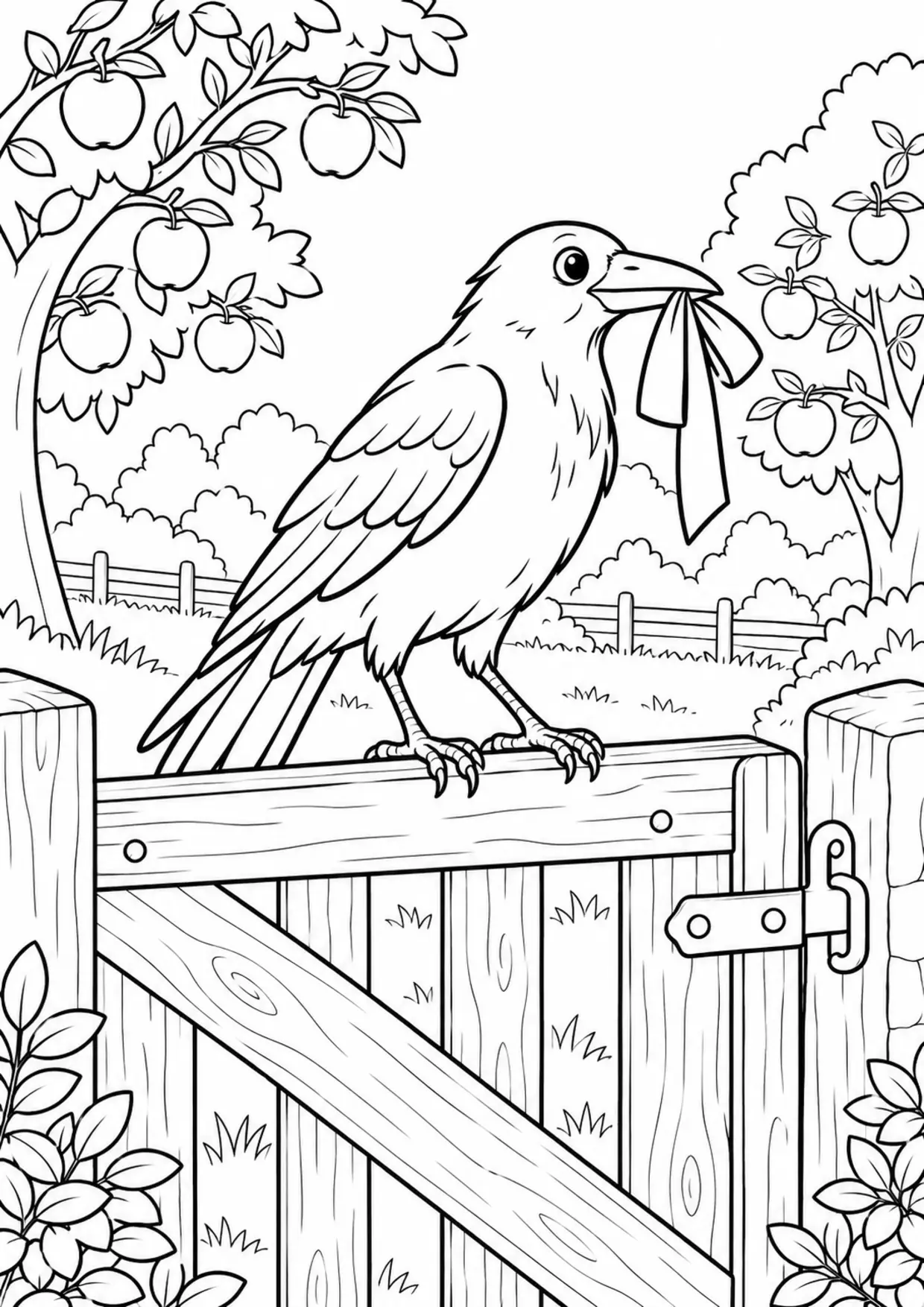 Coloriage corbeau : ruban verger à imprimer montrant ruban verger, dessin noir et blanc