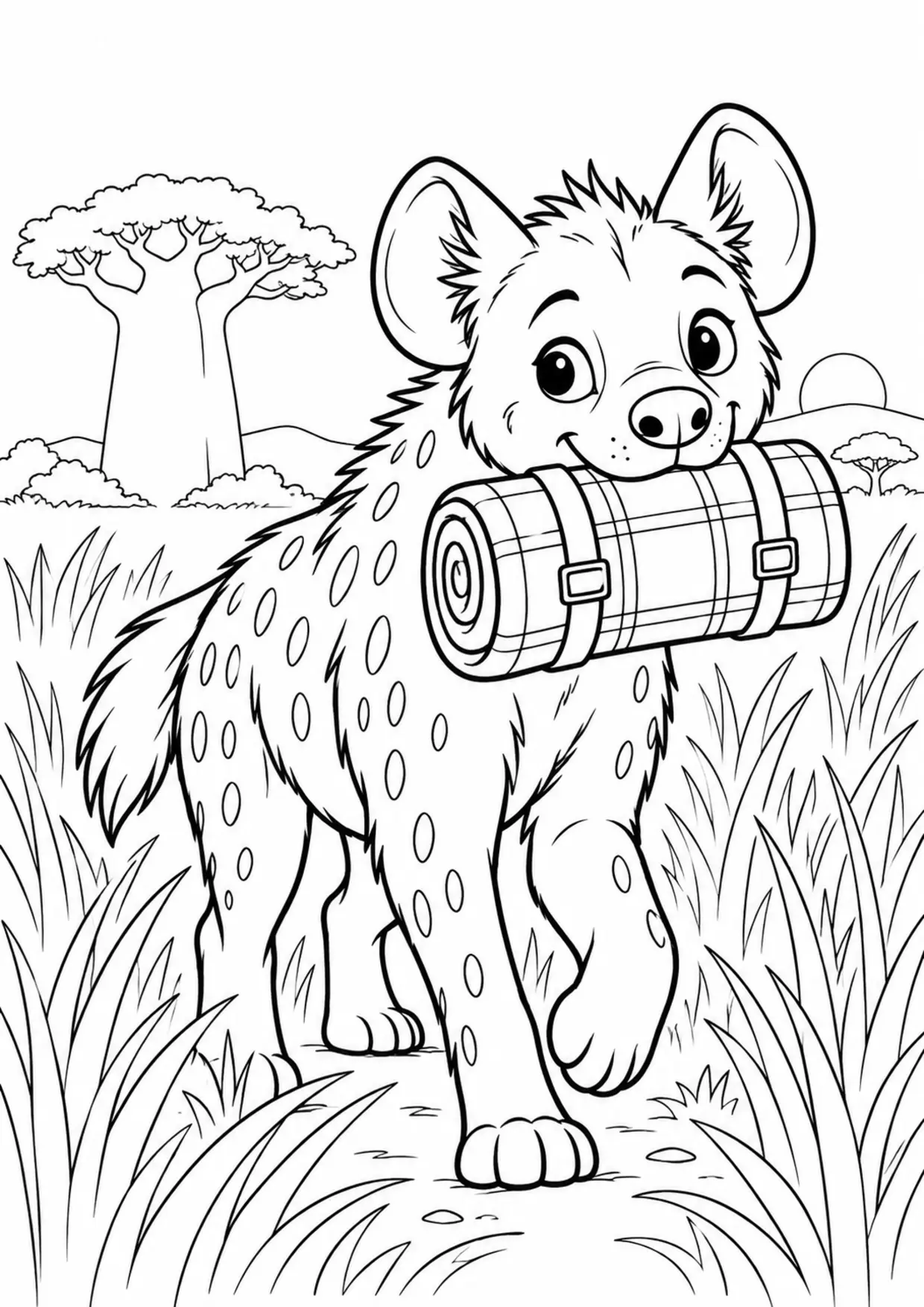 Coloriage hyène : couverture savane à imprimer montrant couverture savane, dessin noir et blanc