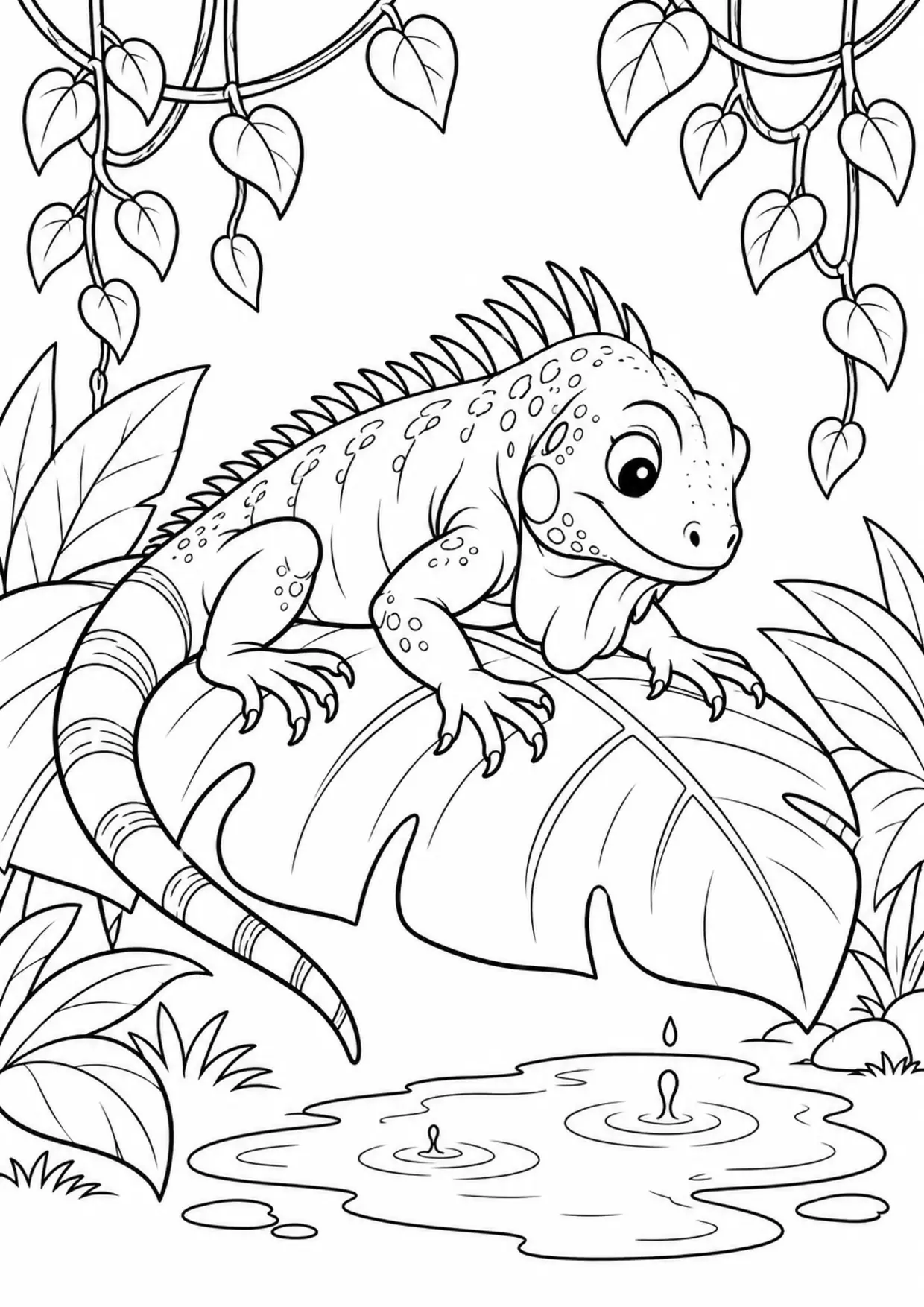 Coloriage iguane : feuille pluie à imprimer montrant feuille pluie, dessin noir et blanc