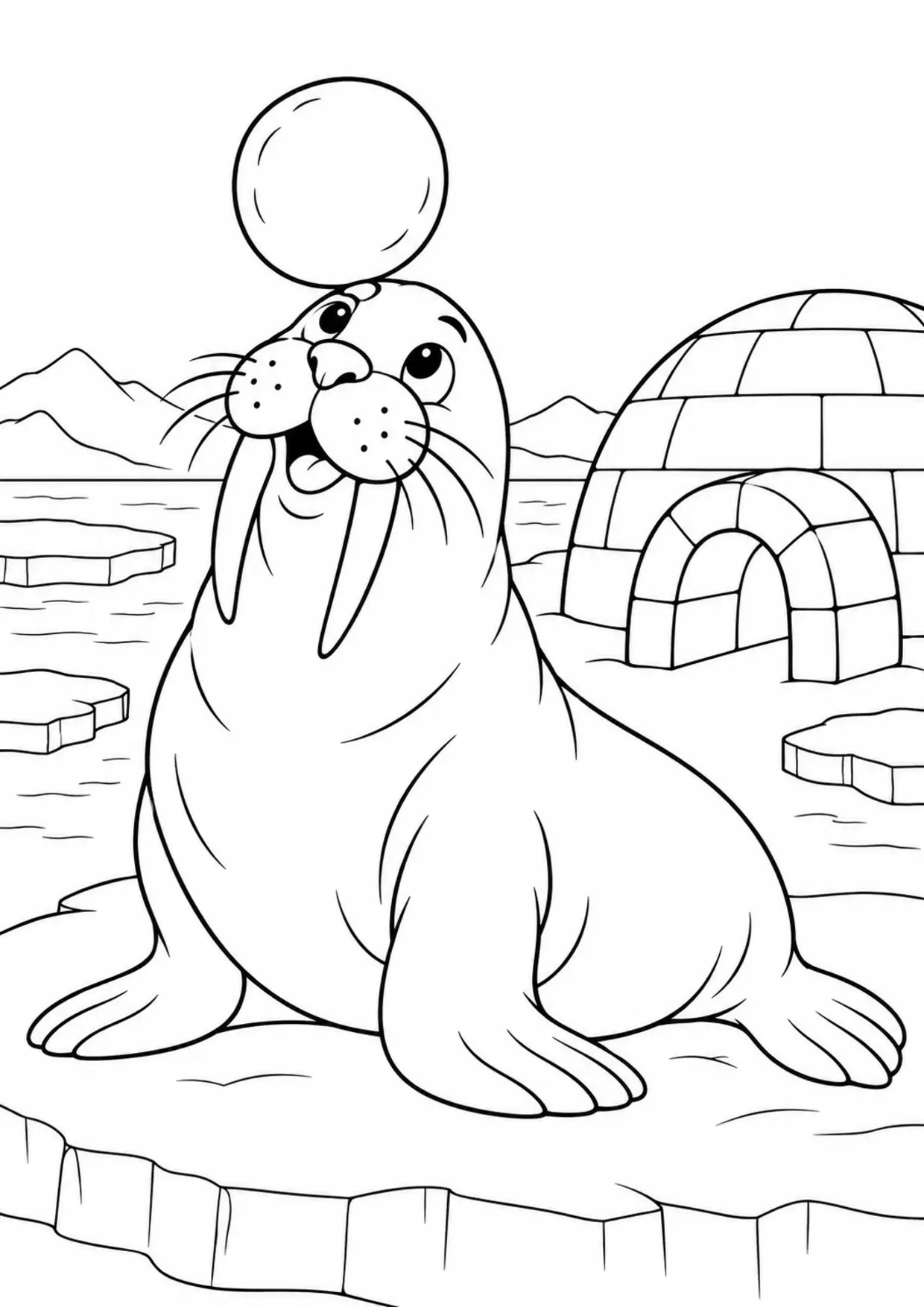 Coloriage morse : boule neige igloo à imprimer montrant boule neige igloo, dessin noir et blanc