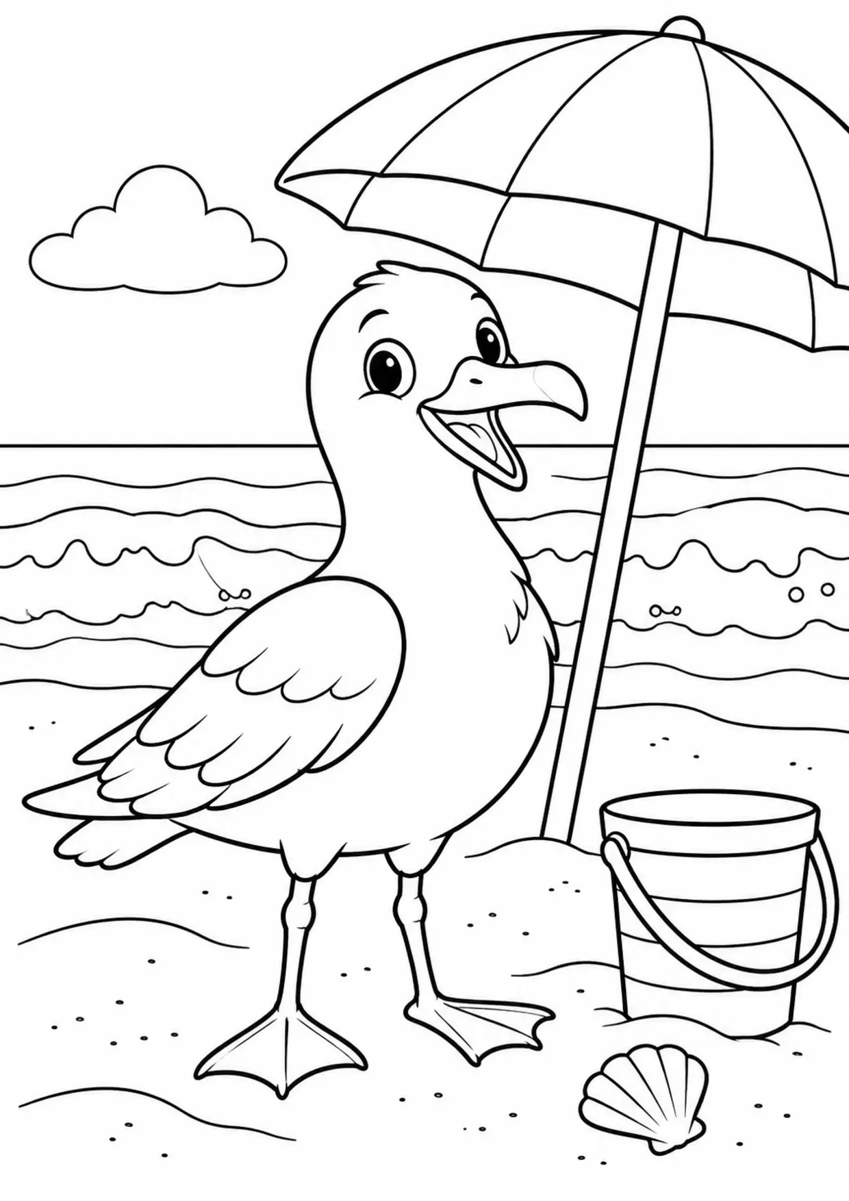 Coloriage mouette : parasol plage à imprimer montrant parasol plage, dessin noir et blanc