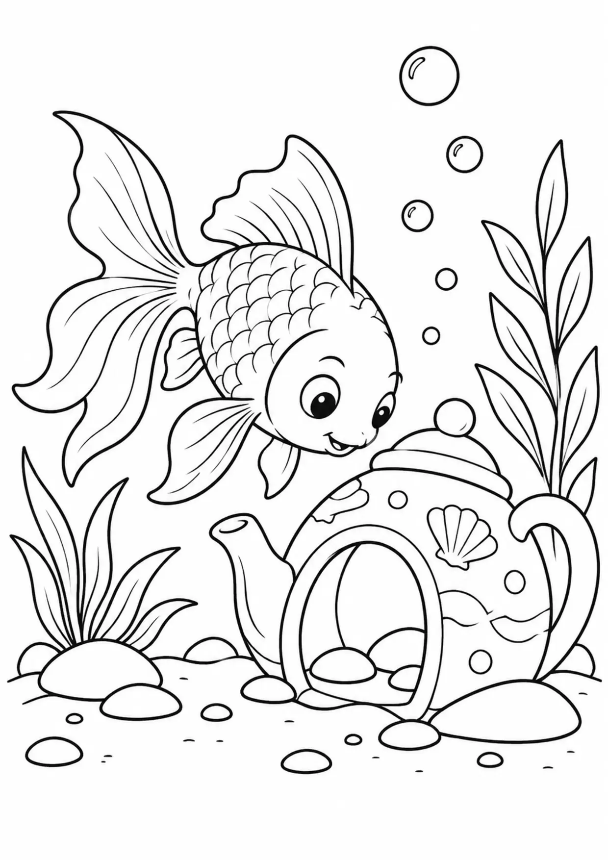 Coloriage poisson rouge : theiere à imprimer montrant theiere, dessin noir et blanc