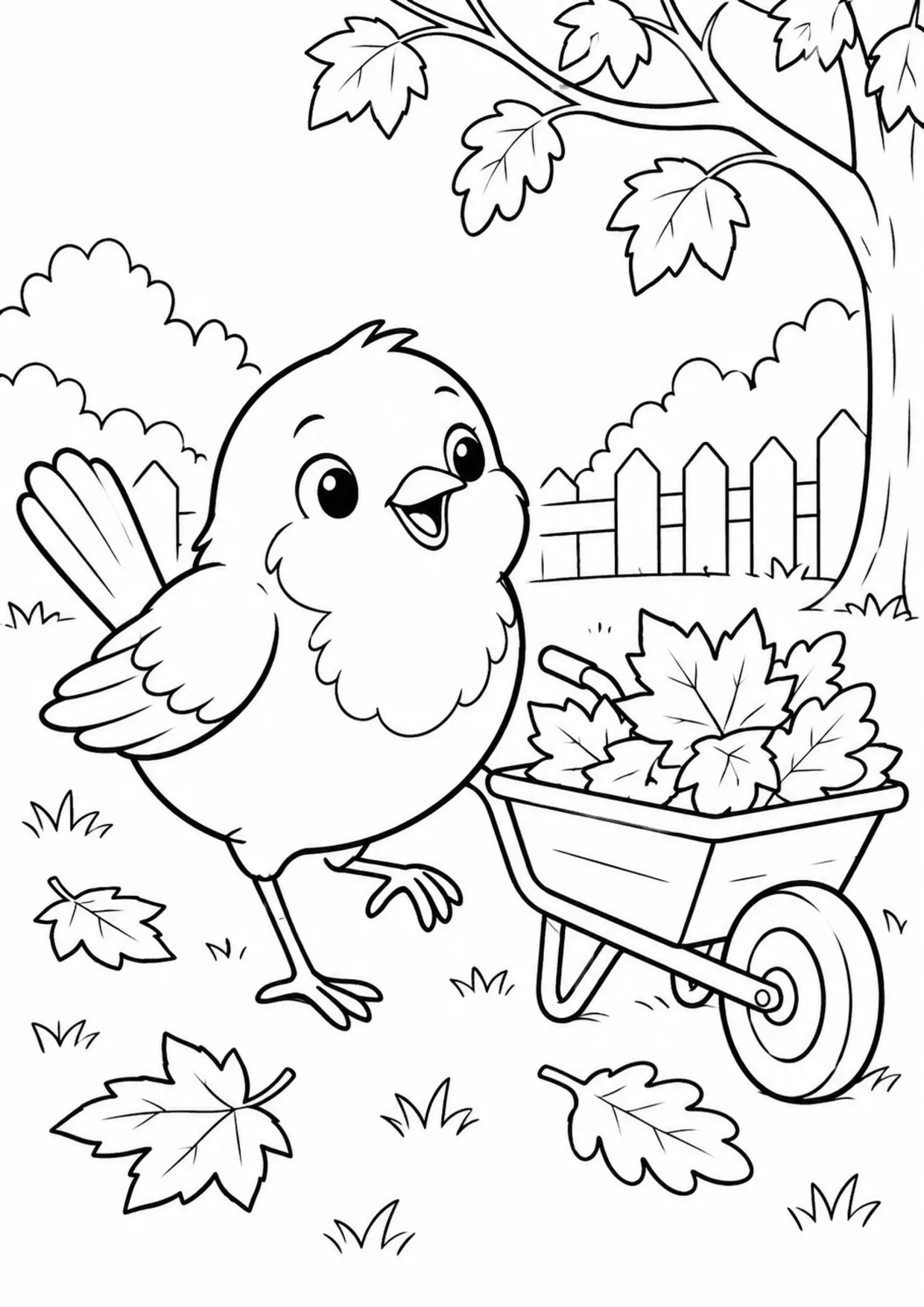 Coloriage rouge-gorge : brouette feuilles à imprimer montrant brouette feuilles, dessin noir et blanc