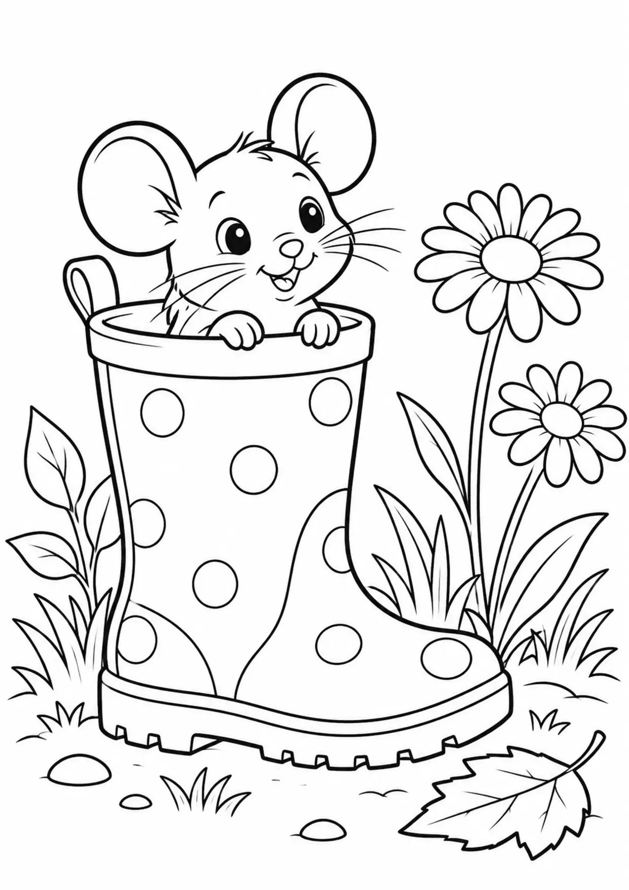 Coloriage souris : botte jardin à imprimer montrant botte jardin, dessin noir et blanc