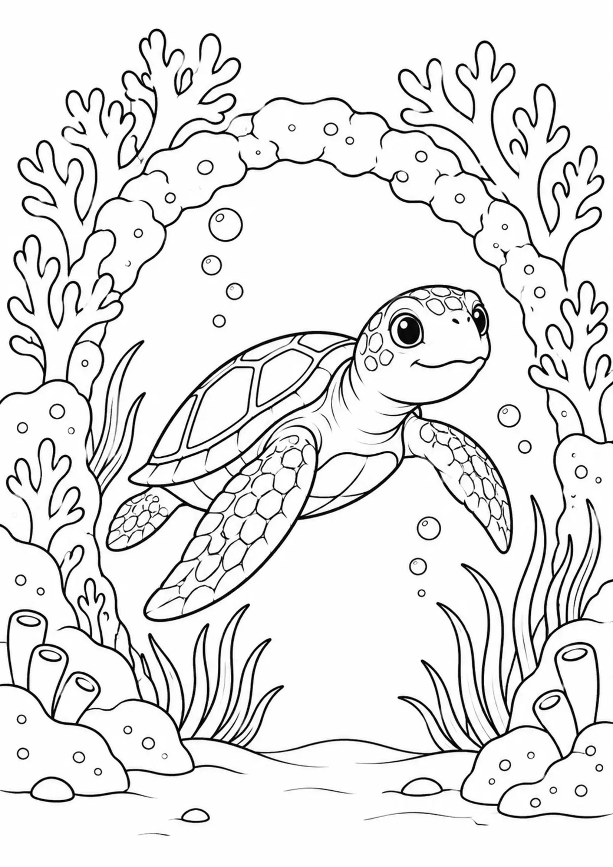 Coloriage tortue marine : arche corail à imprimer montrant arche corail, dessin noir et blanc