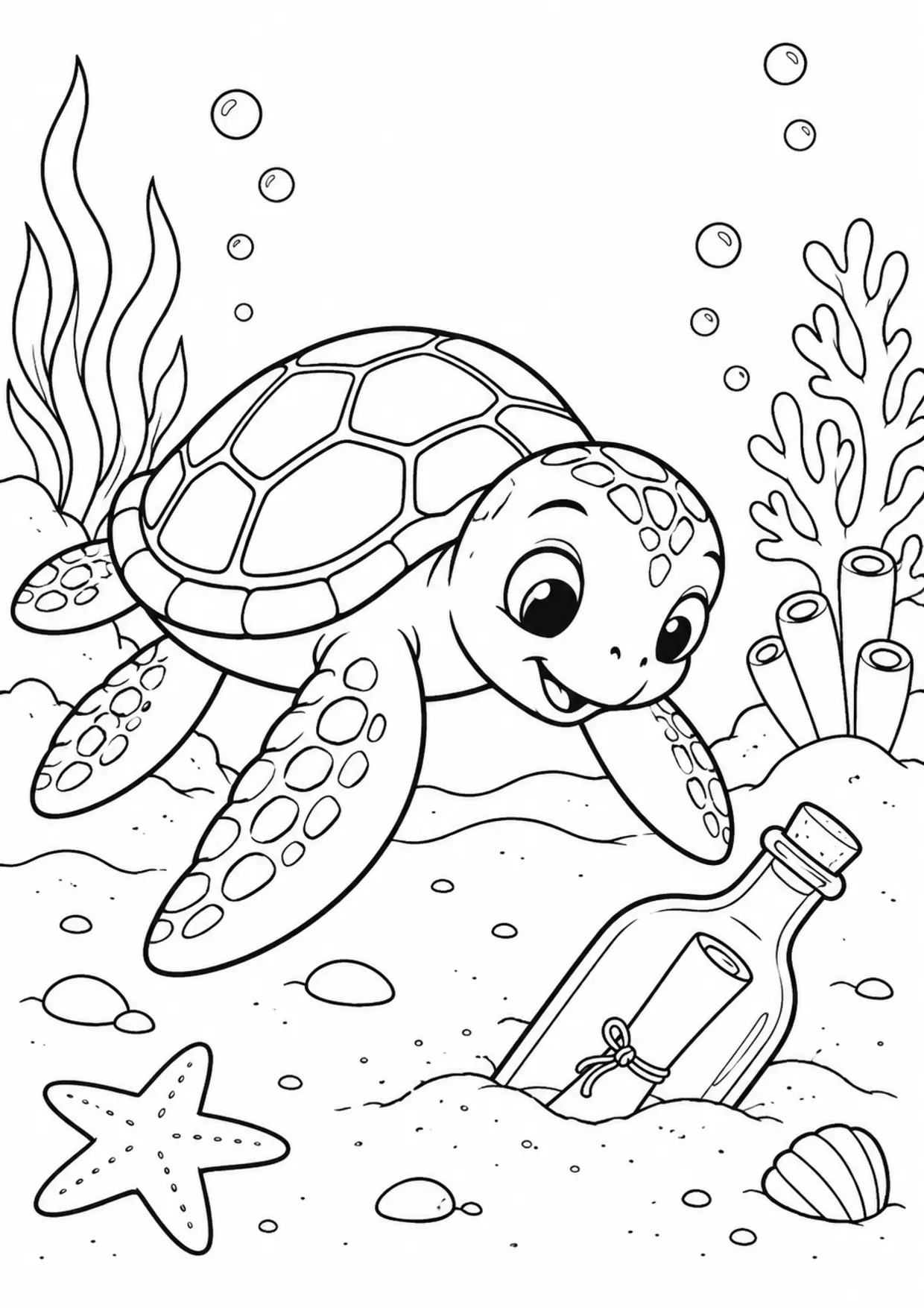 Coloriage tortue marine : bouteille à imprimer montrant bouteille, dessin noir et blanc