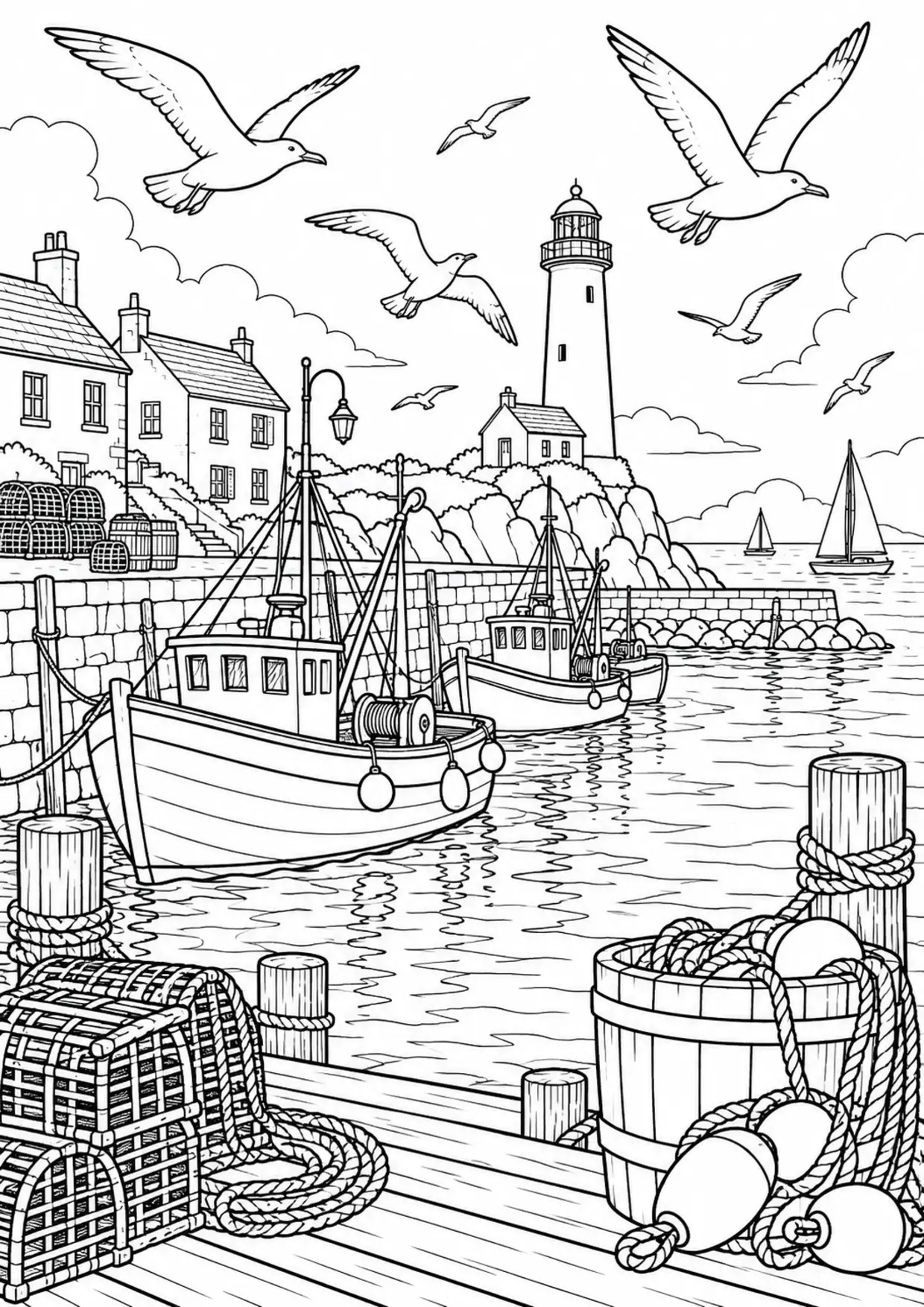 Coloriage mouette : mouettes port phare à imprimer montrant mouettes port phare, dessin noir et blanc