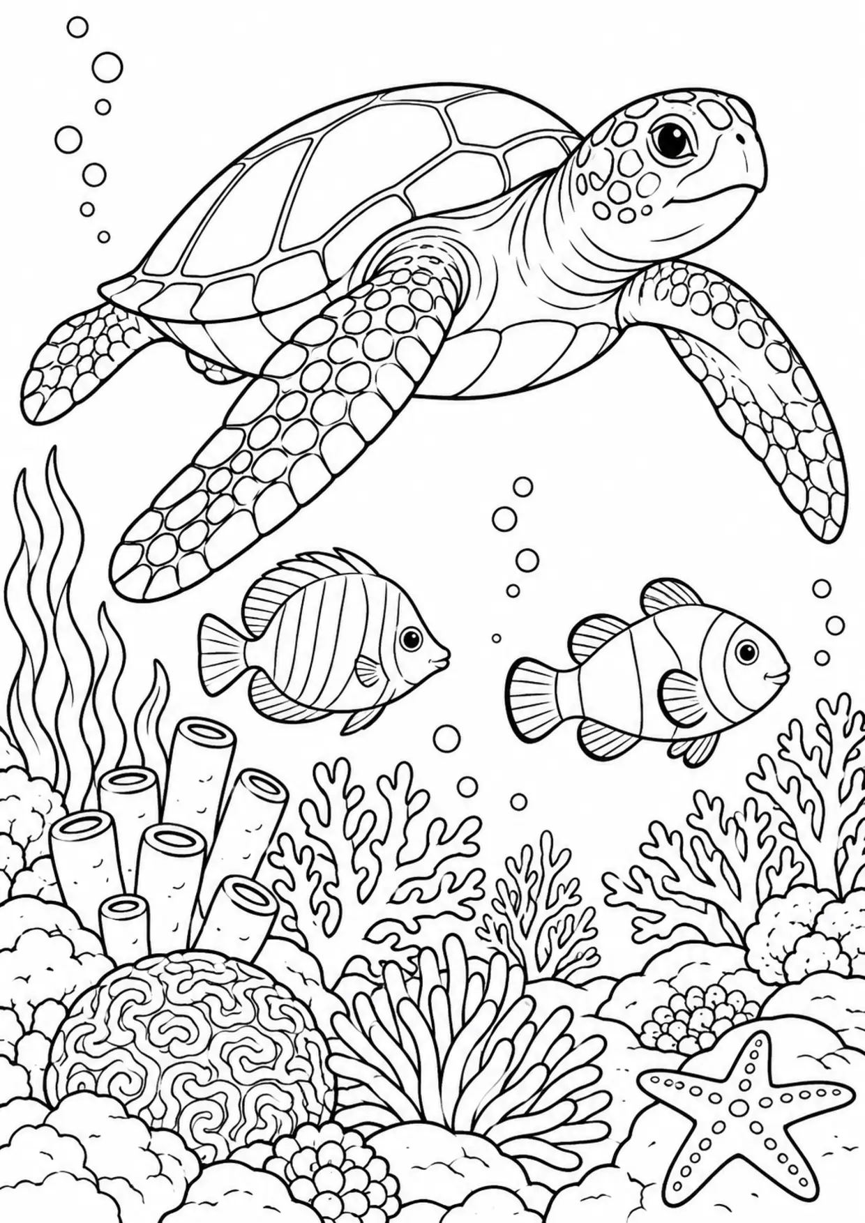 Coloriage tortue marine : jardin corail à imprimer montrant jardin corail, dessin noir et blanc