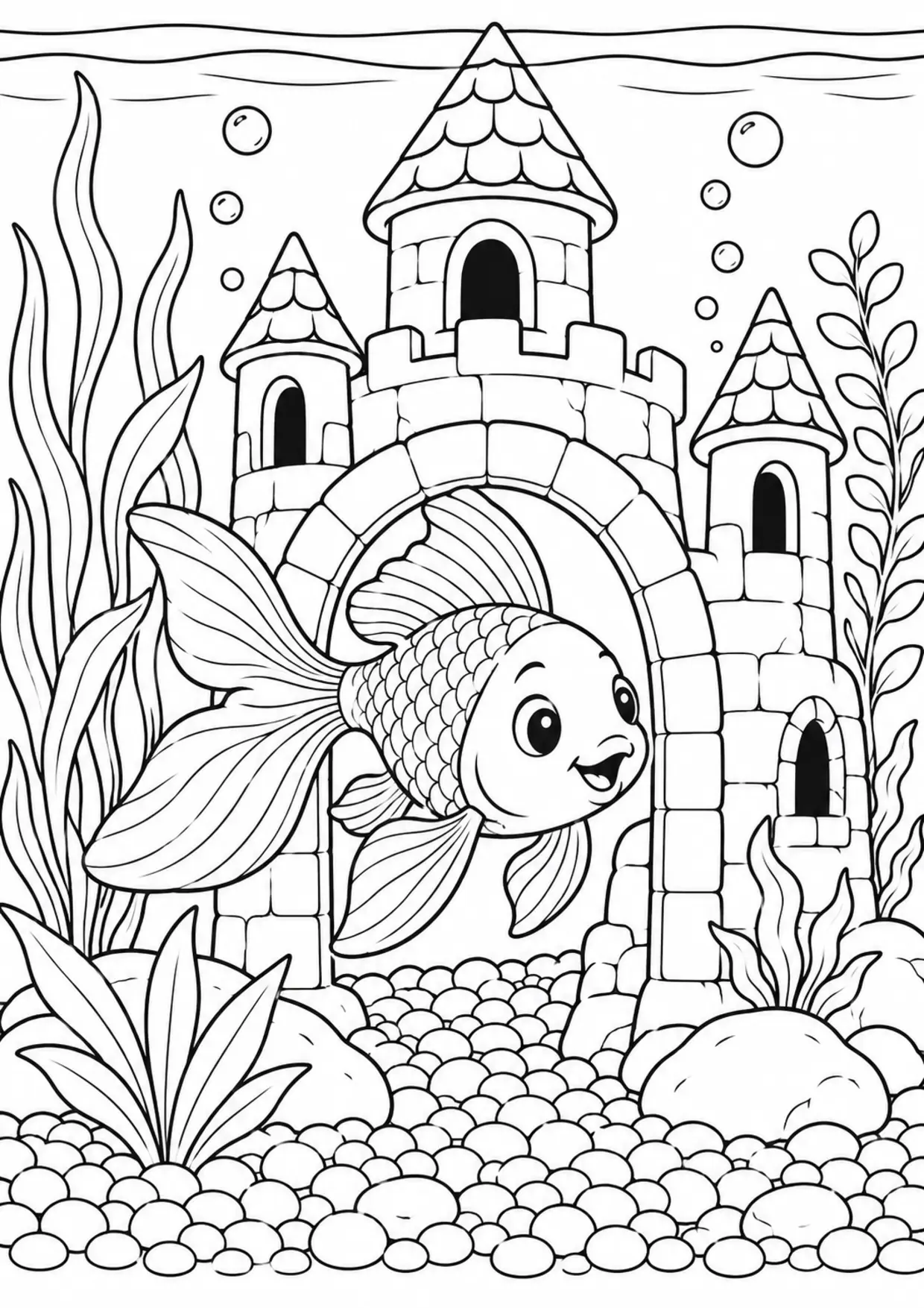 Coloriage poisson rouge : palais à imprimer montrant palais, dessin noir et blanc