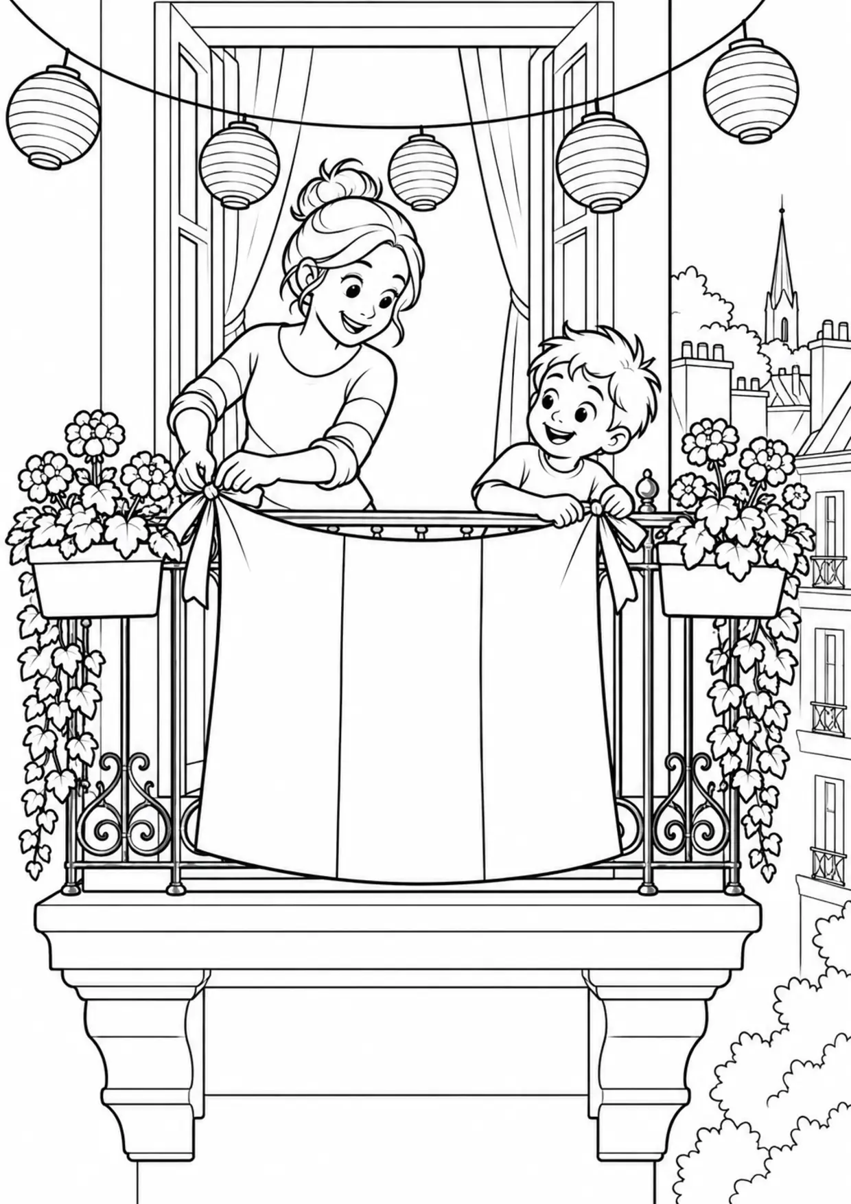Coloriage à imprimer montrant balcon, thème drapeau français