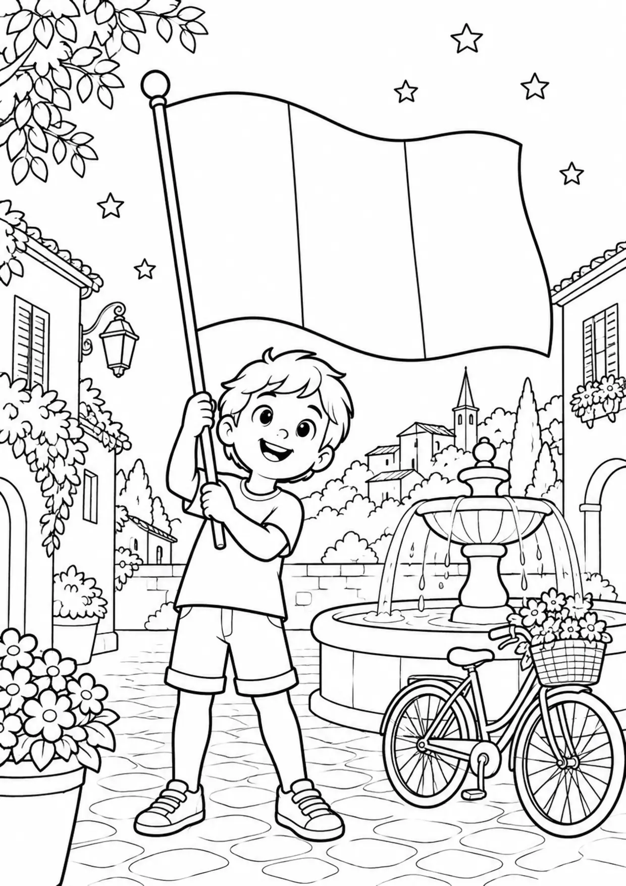 Coloriage à imprimer montrant fontaine, thème drapeau français