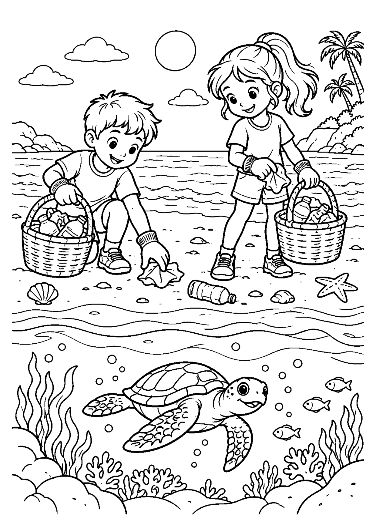 Coloriage à imprimer montrant nettoyer plage, thème écologie