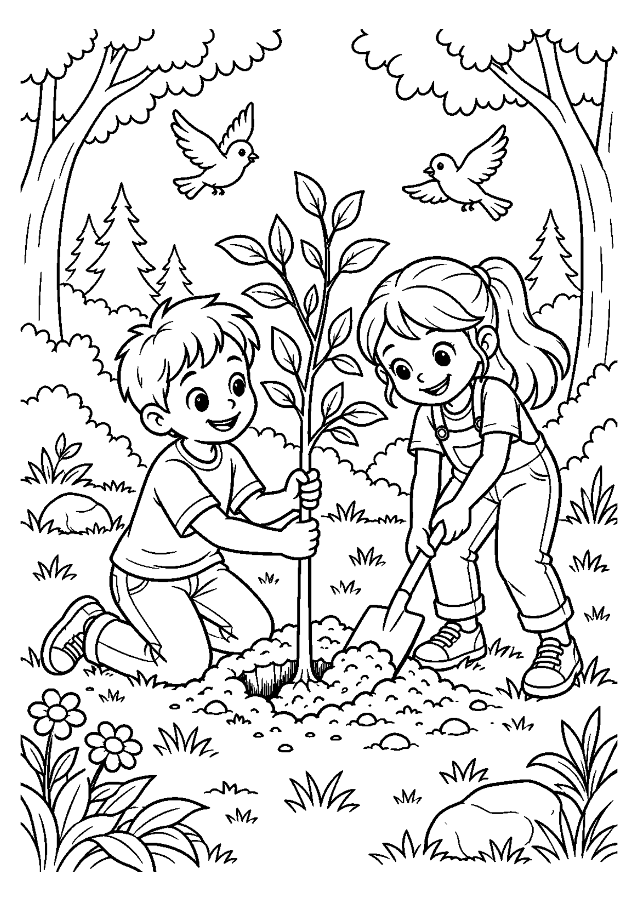 Coloriage à imprimer montrant planter arbre, thème écologie