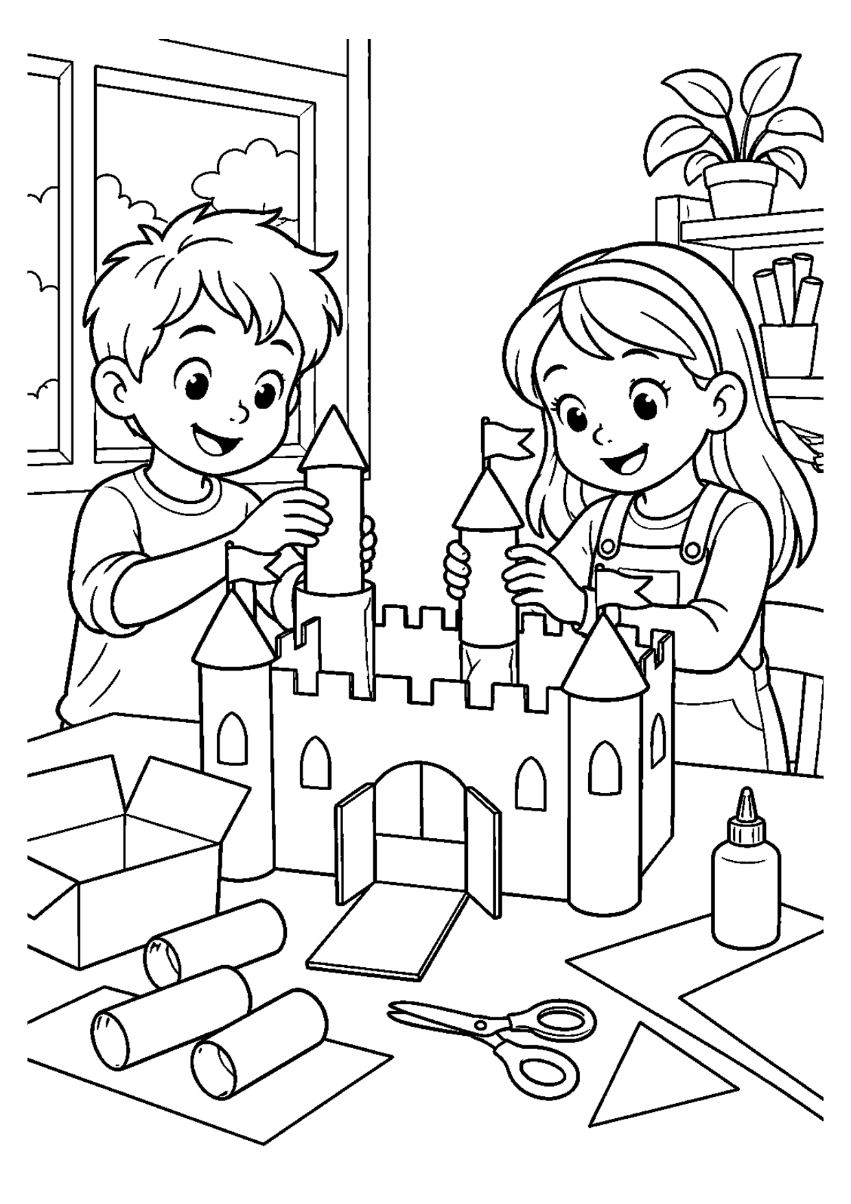 Coloriage recyclage : château carton