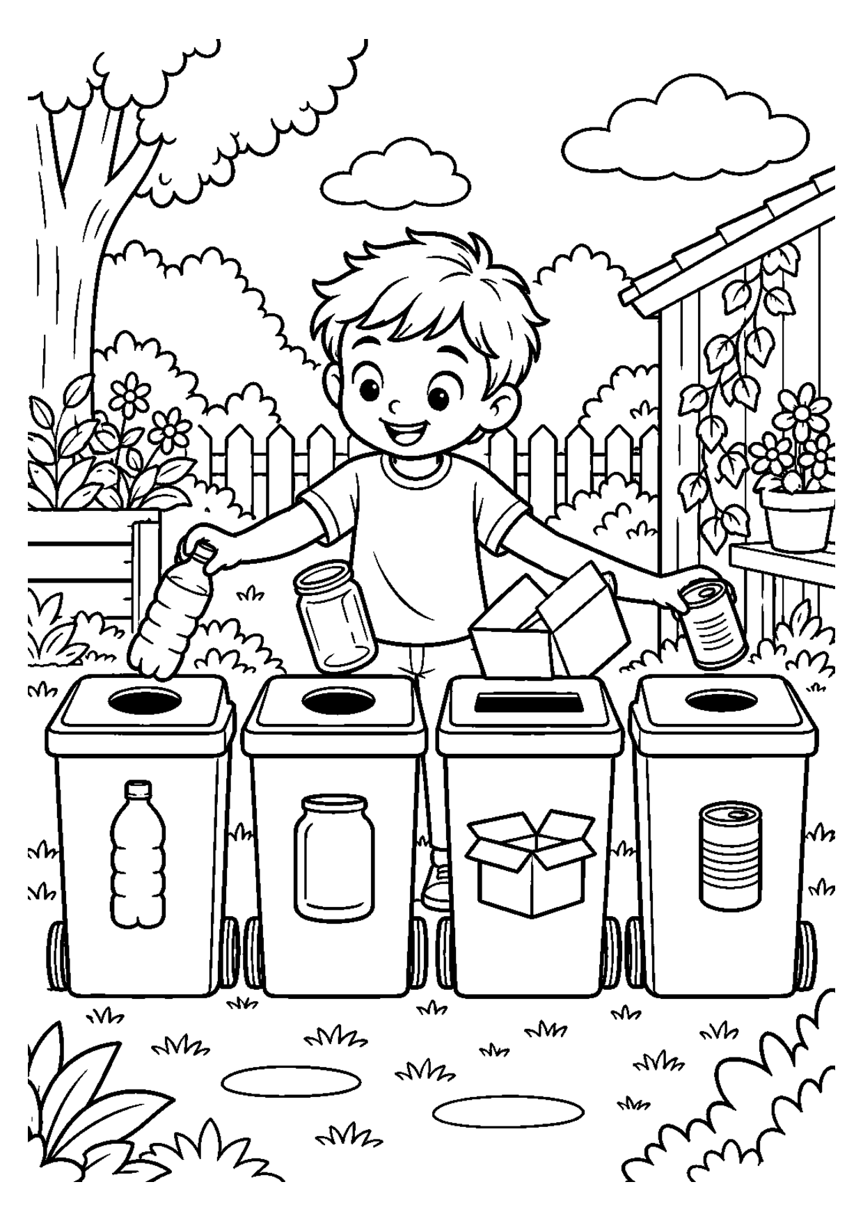 Coloriage à imprimer montrant tri déchets, thème recyclage