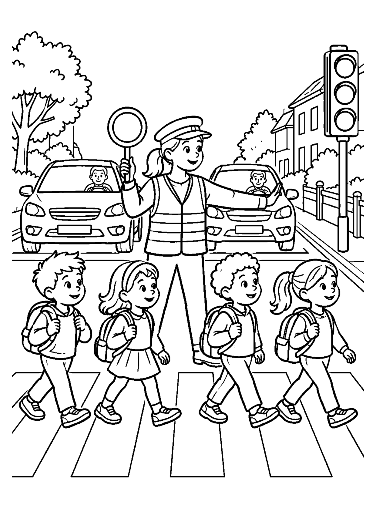 Coloriage à imprimer montrant sortie école, thème sécurité routière