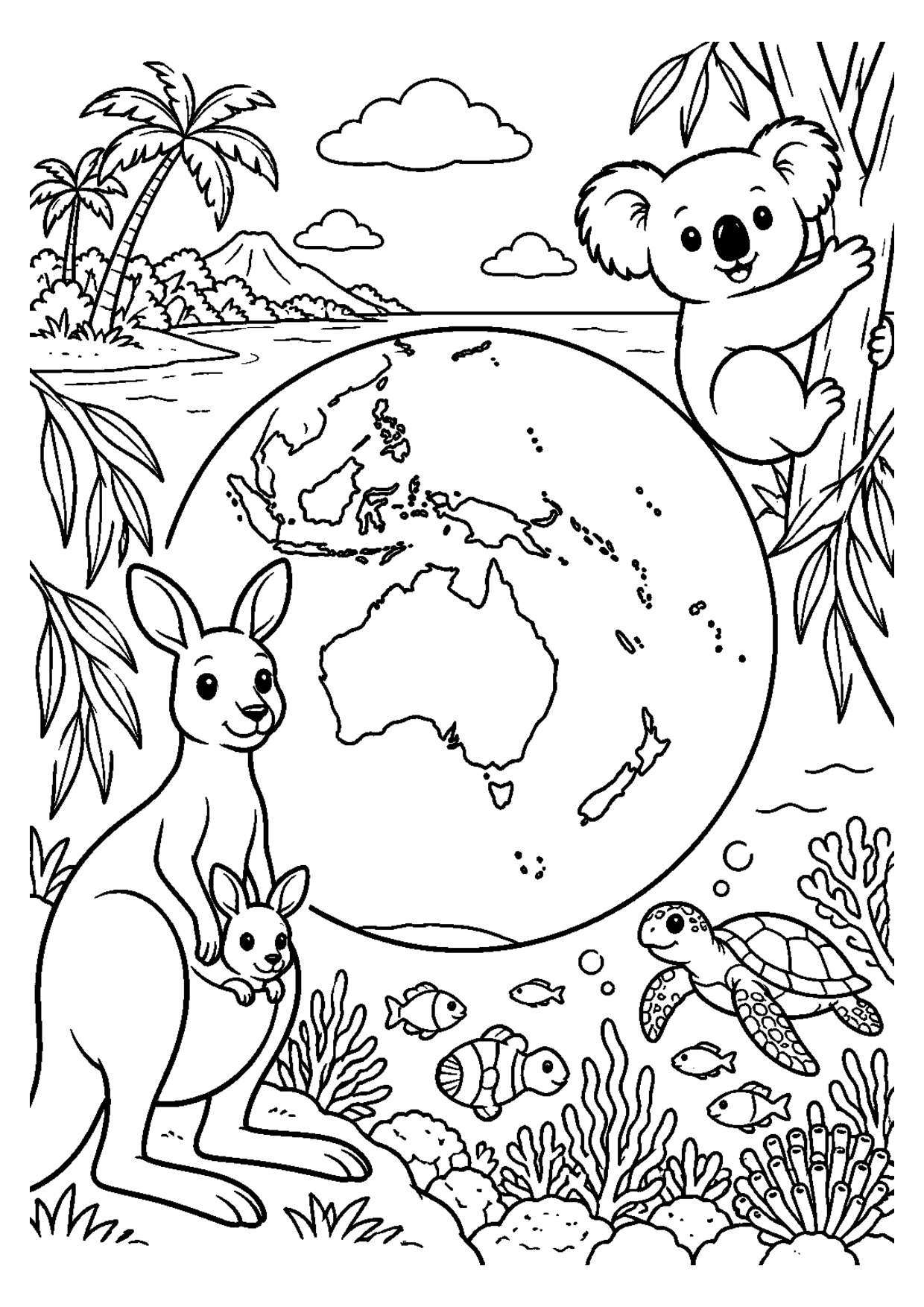 Coloriage à imprimer montrant Océanie, thème continents