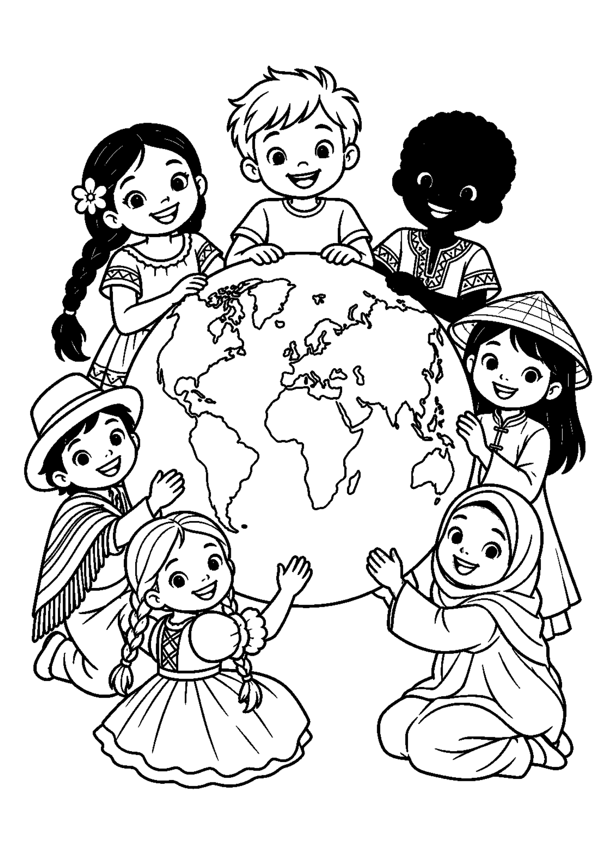 Coloriage à imprimer montrant enfants du monde, thème continents