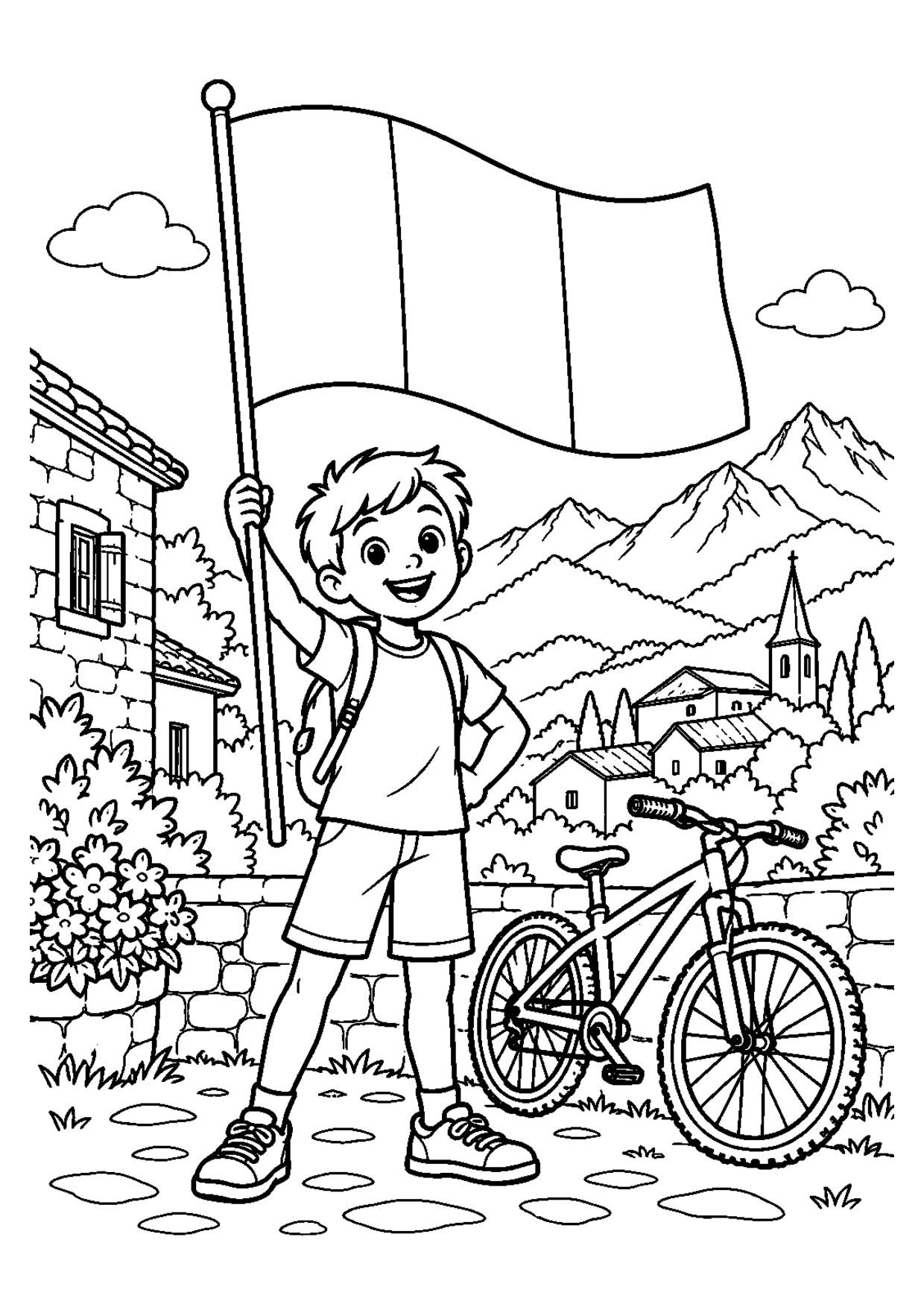 Coloriage à imprimer montrant montagne, thème drapeau français