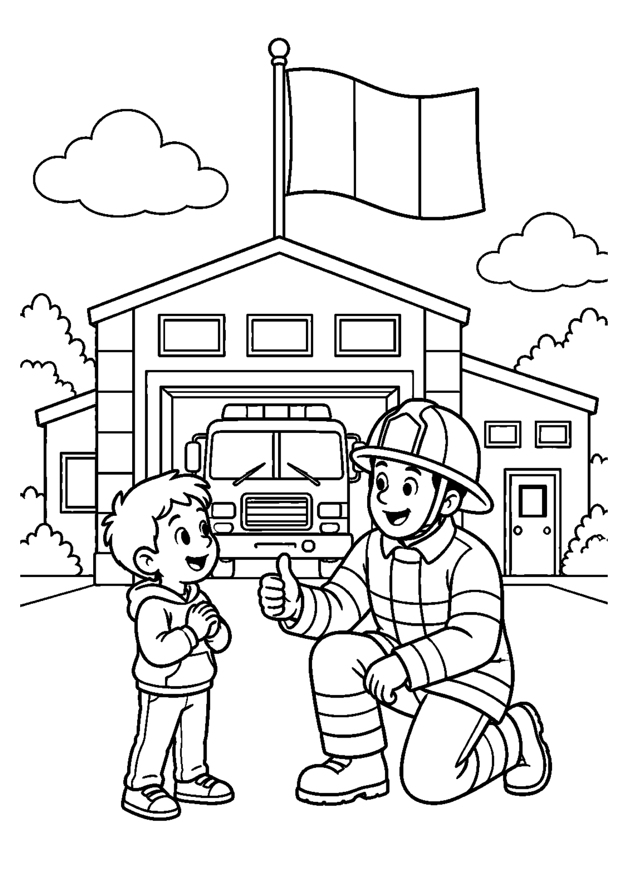 Coloriage à imprimer montrant pompiers, thème drapeau français