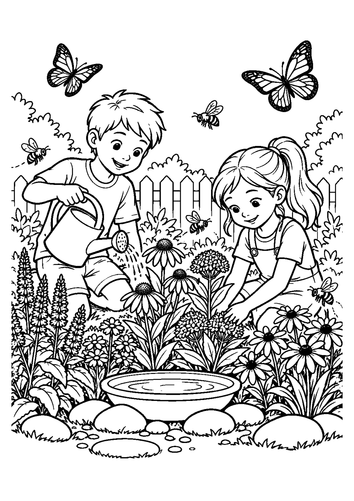 Coloriage à imprimer montrant jardin pollinisateurs, thème écologie